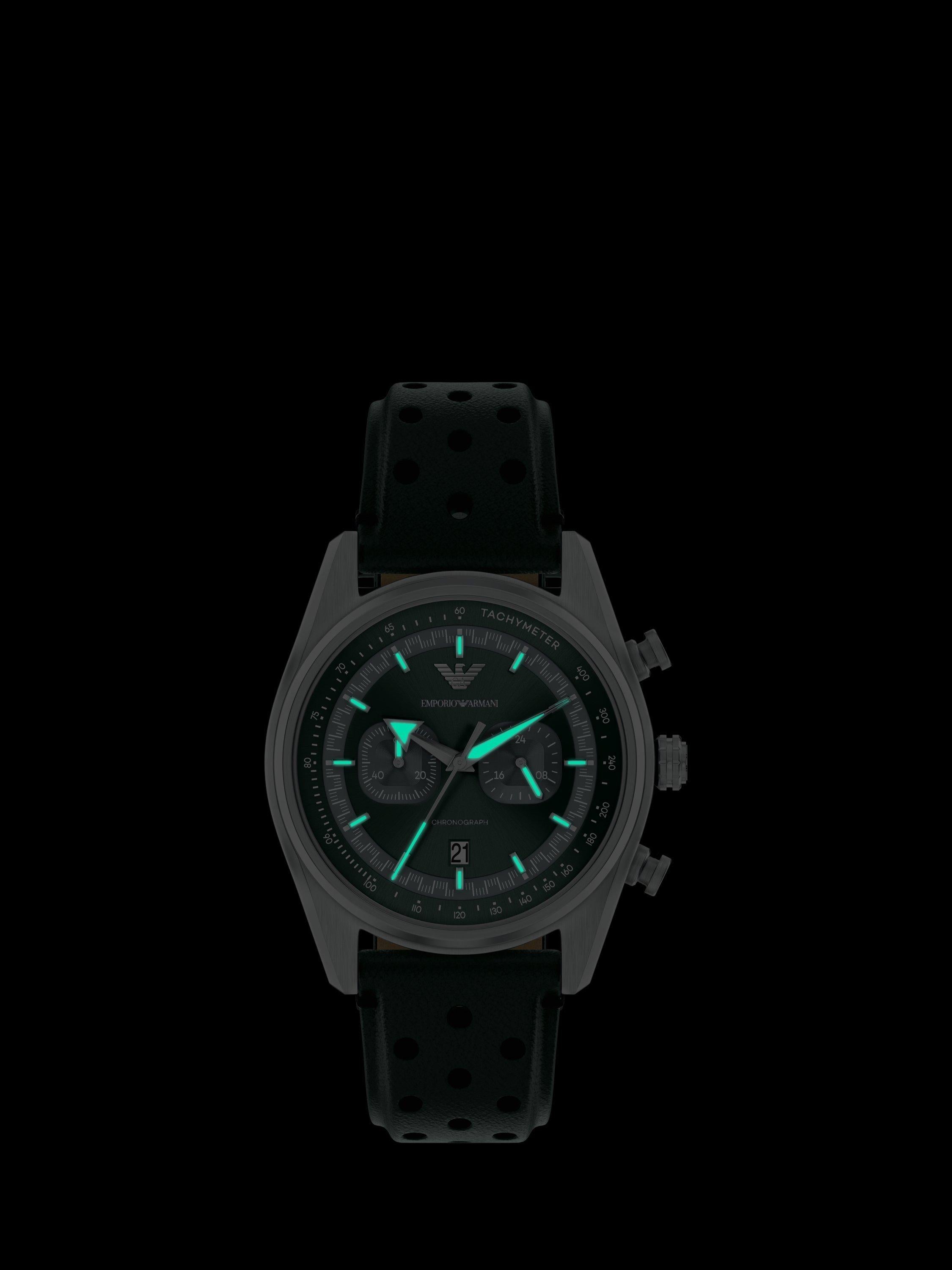 AR11782 Men's Chronograph Leather Strap Watch, Silver/Green