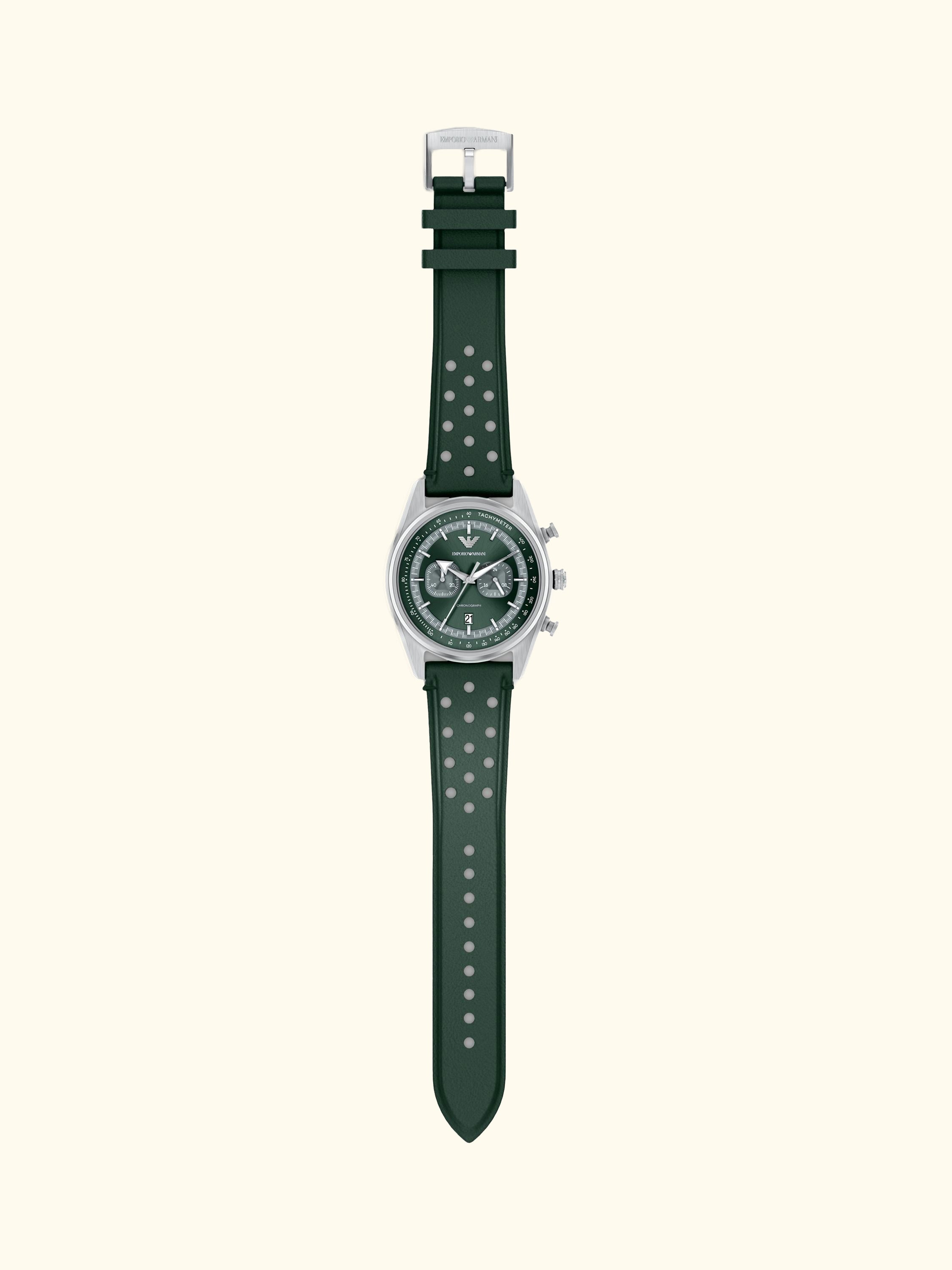 AR11782 Men's Chronograph Leather Strap Watch, Silver/Green