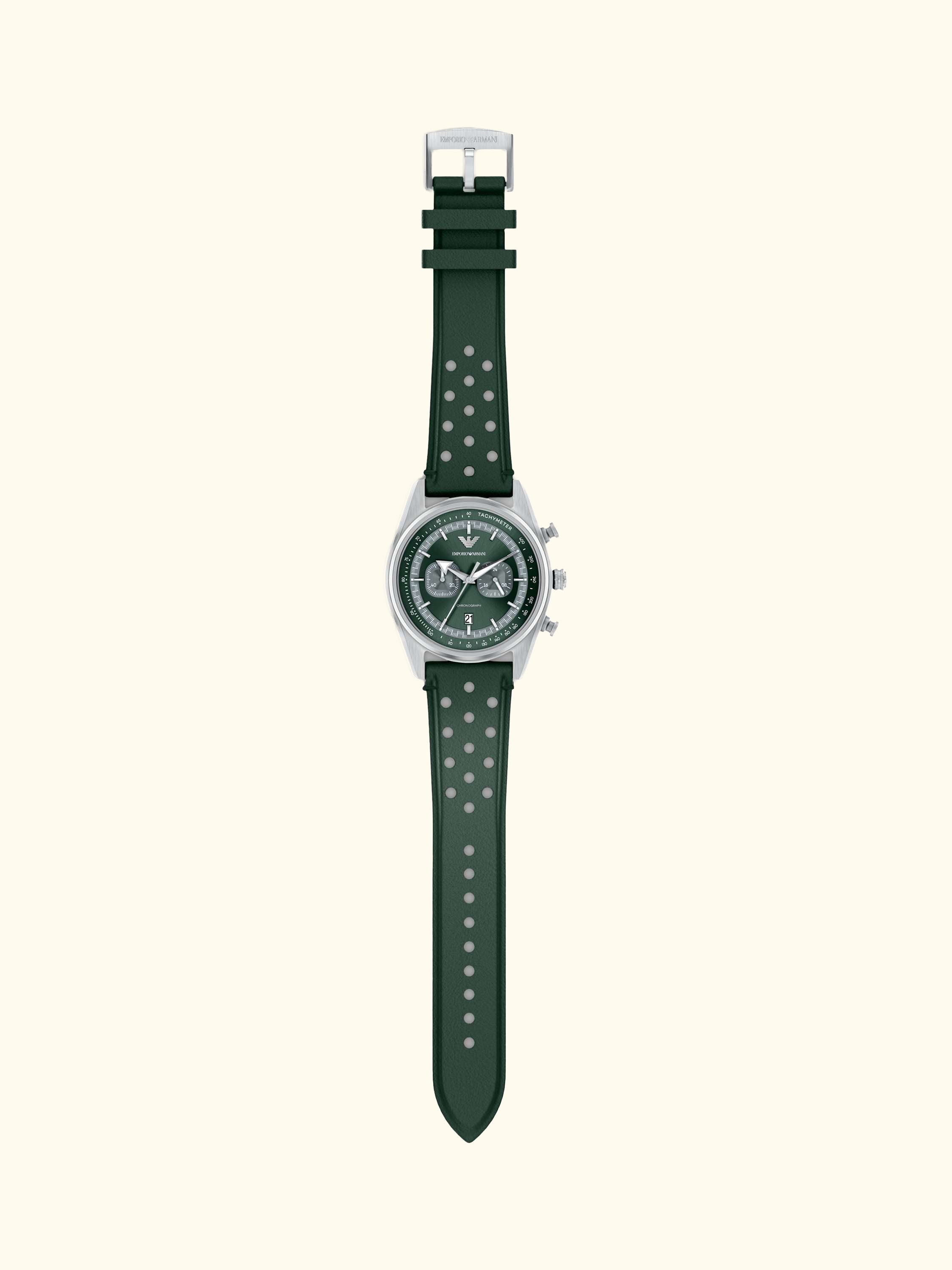AR11782 Men's Chronograph Leather Strap Watch, Silver/Green
