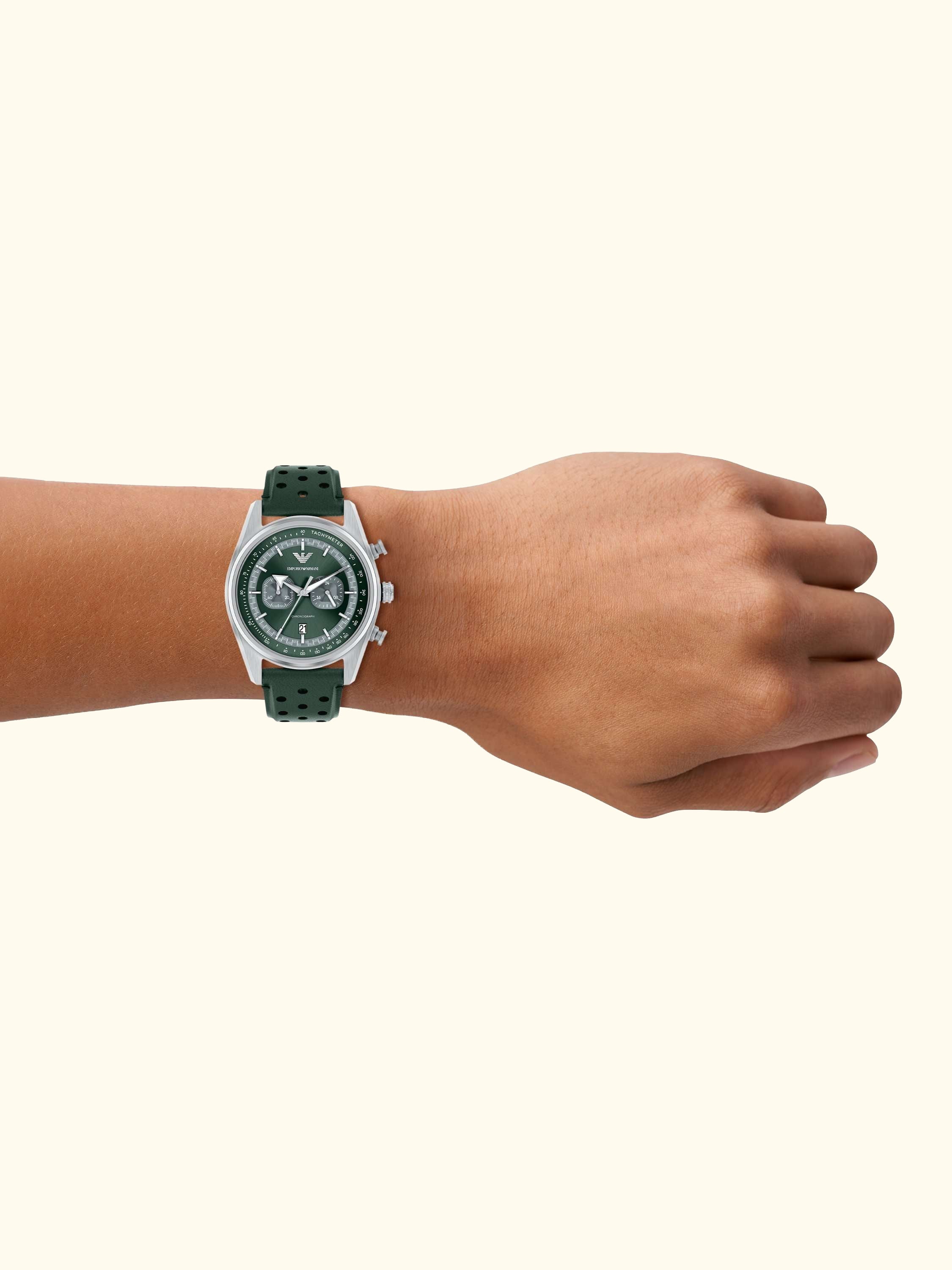 AR11782 Men's Chronograph Leather Strap Watch, Silver/Green