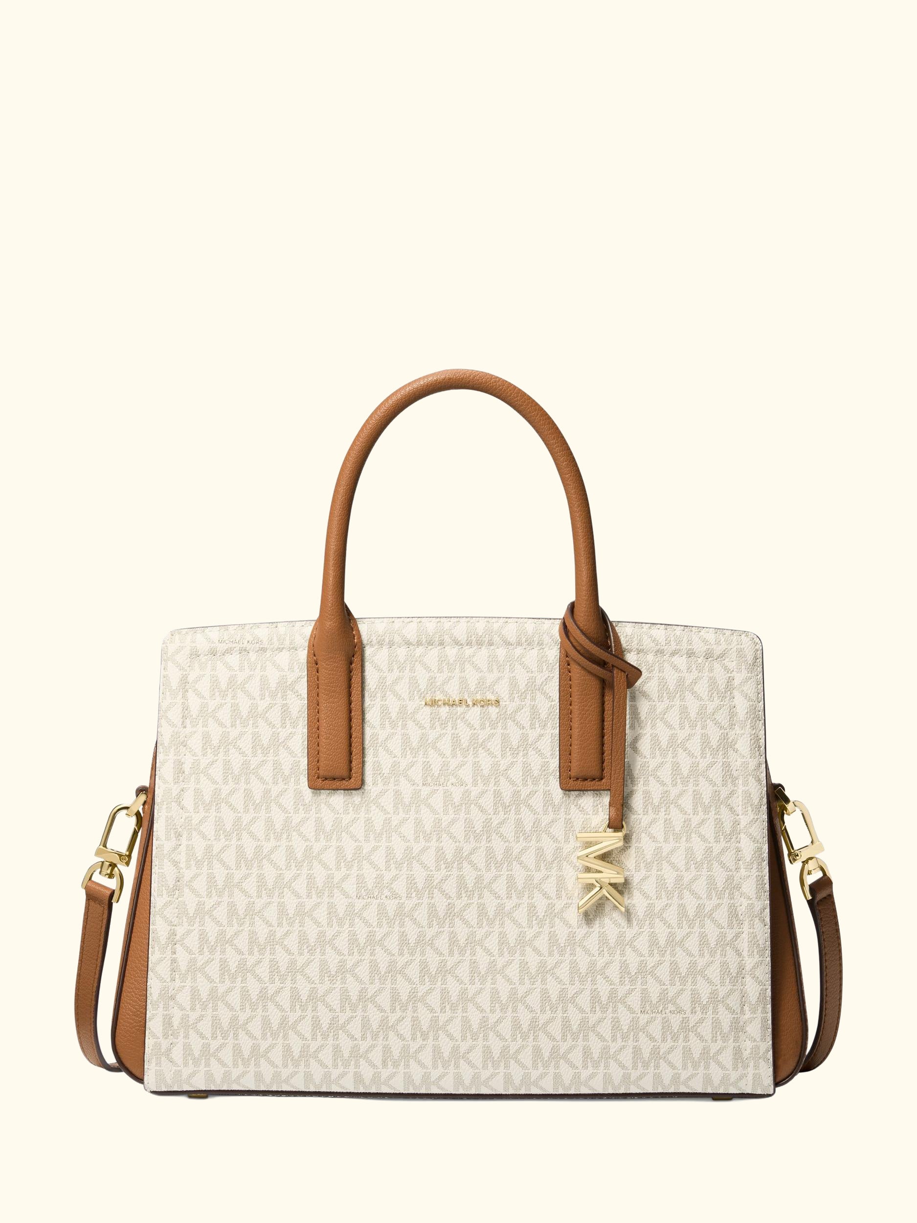 Laila Medium Signature Logo Satchel, Vanilla/Acorn