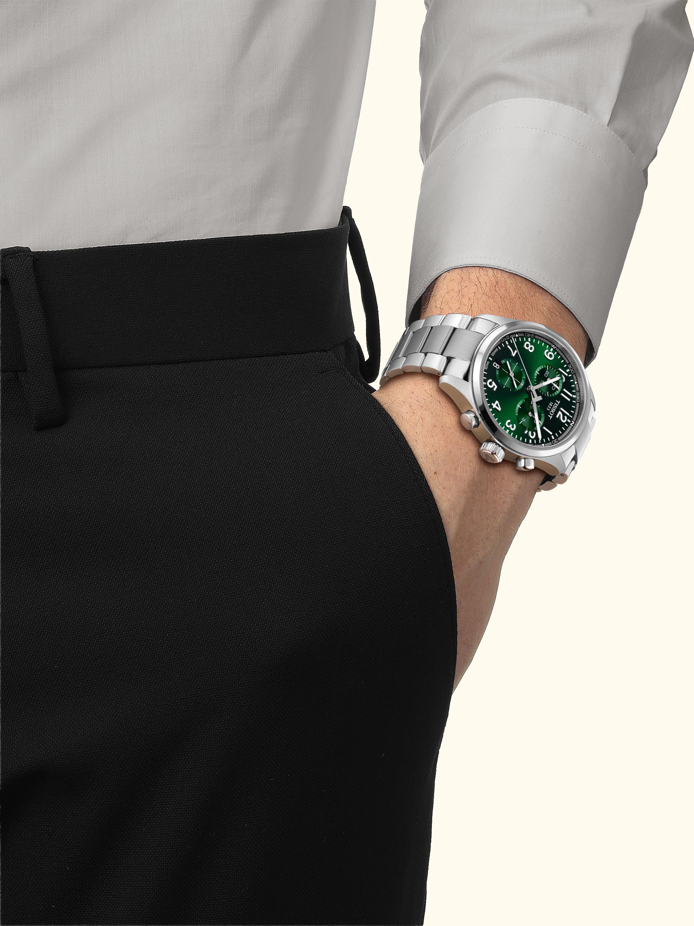 T1164171109200 Men's Chrono L Round Bracelet Strap Watch, Green/Silver