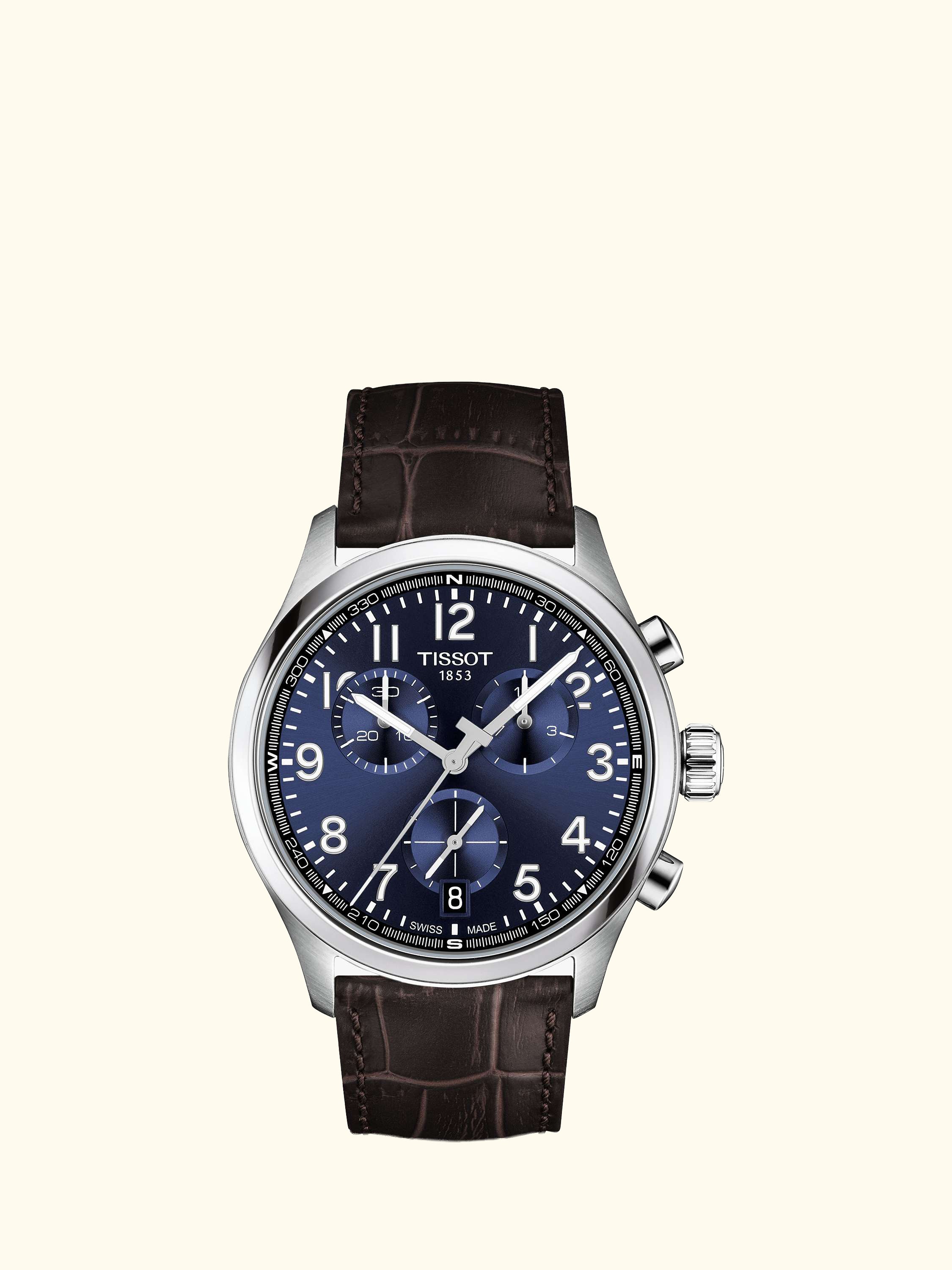 T1164171604200 Men's Chrono L Round Leather Strap Watch, Blue/Brown