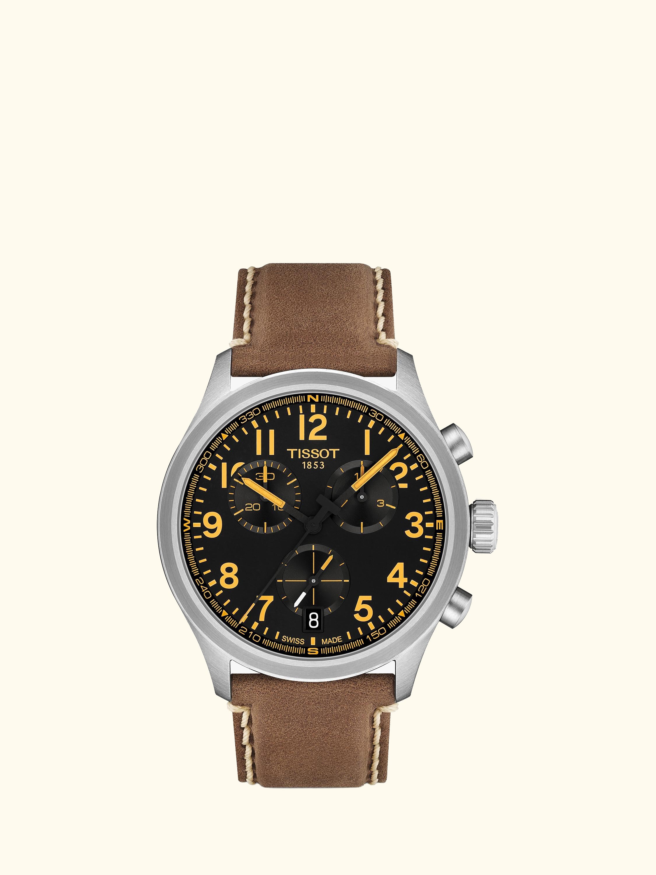 T1164171605201 Men's Chrono L Round Leather Strap Watch, Black/Brown
