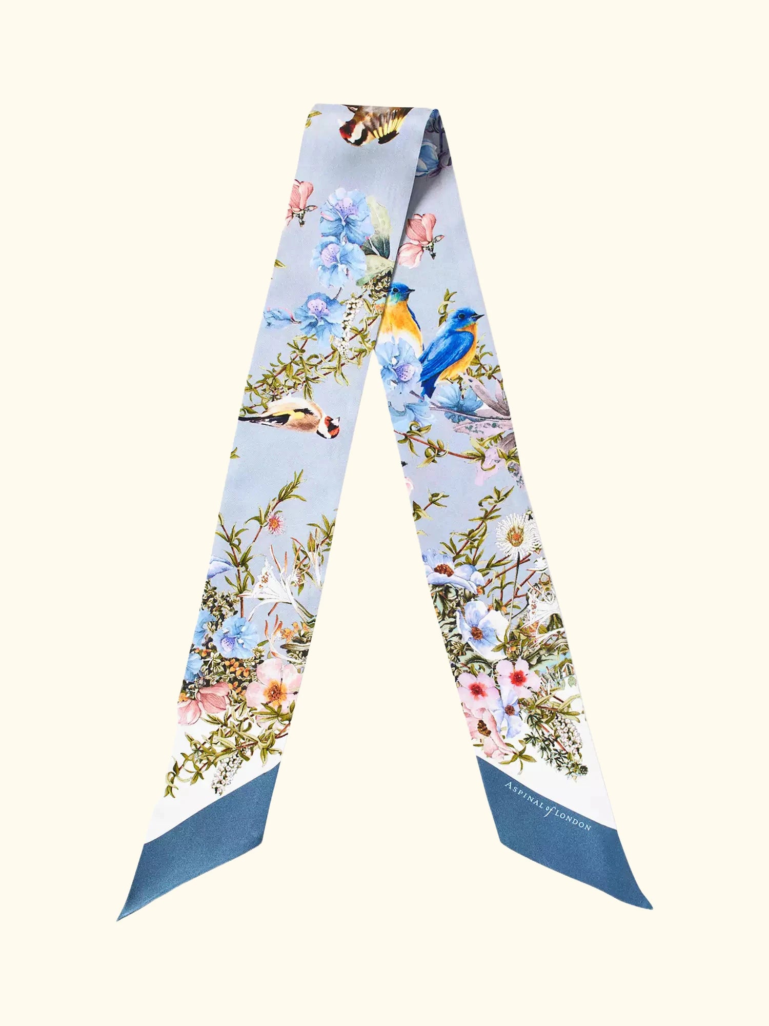 Aspinal of London Edwardian Garden Skinny Silk Scarf, Skyblue