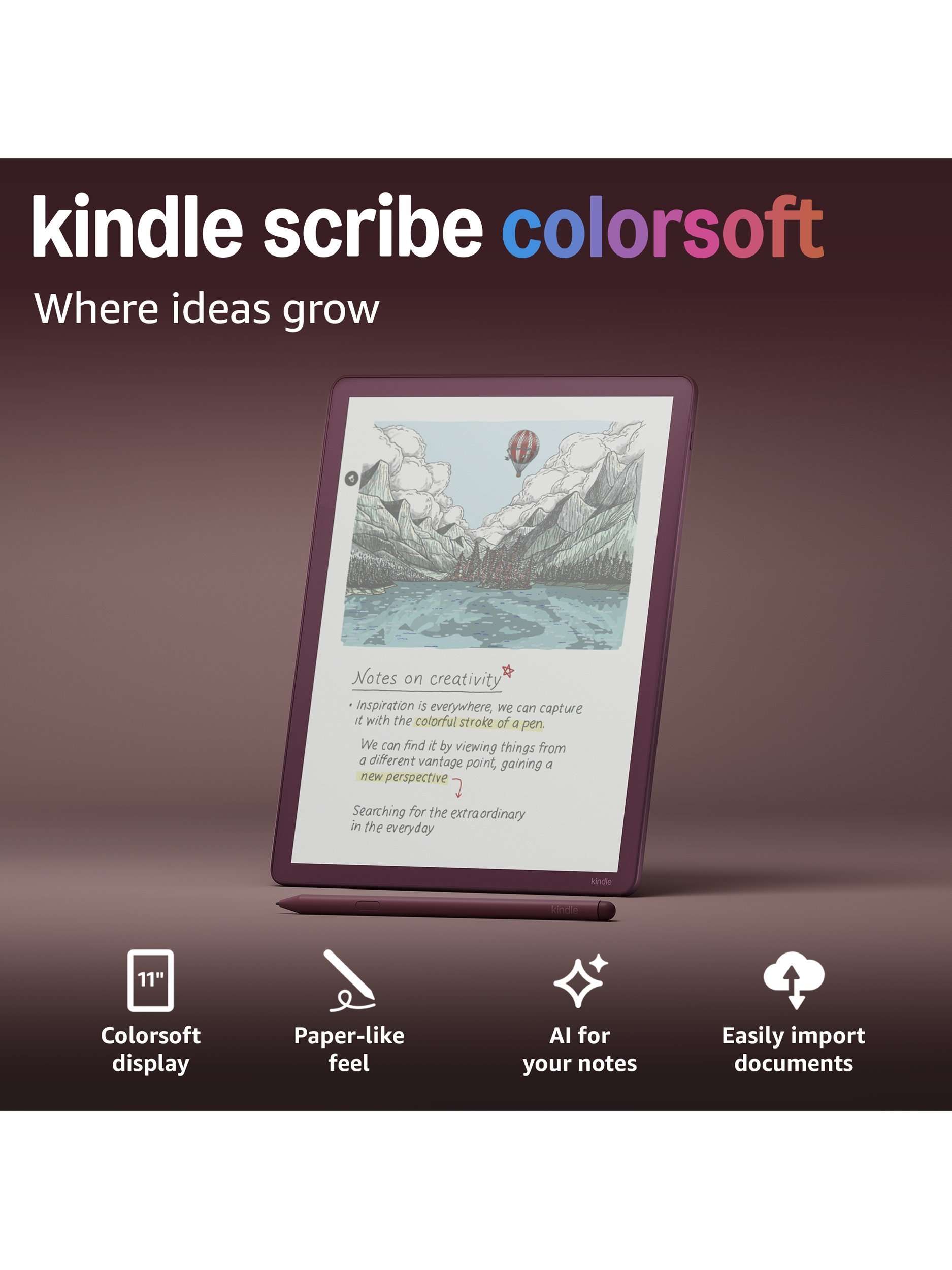 Kindle Scribe Colorsoft (2025) eReader with Premium Pen, 11” Colour Illuminated Touch Screen, 64GB, Fig