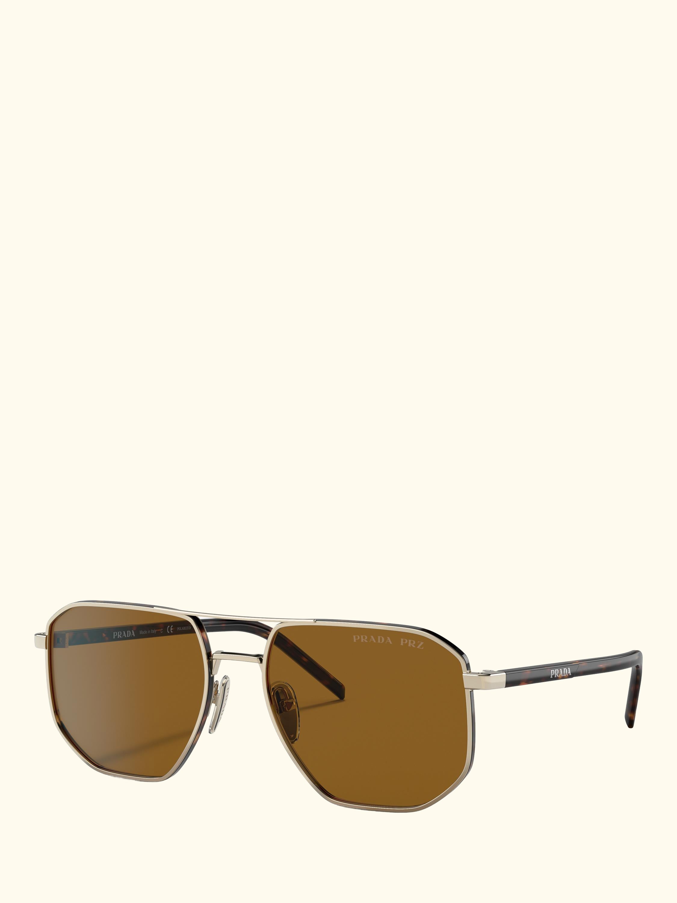 PR 59YS Men's Polarised Irregular Sunglasses, Pale Gold/Brown