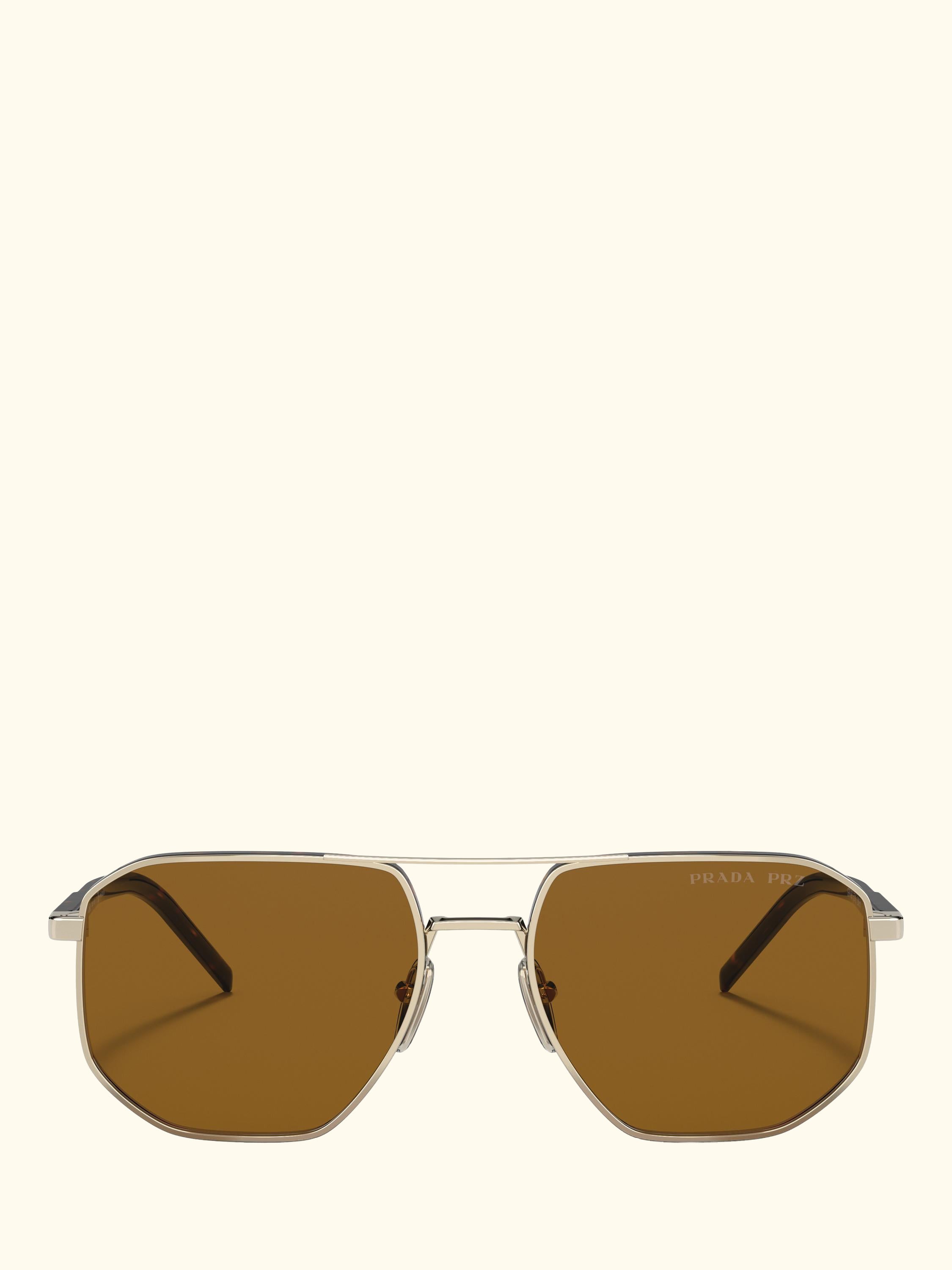 PR 59YS Men's Polarised Irregular Sunglasses, Pale Gold/Brown