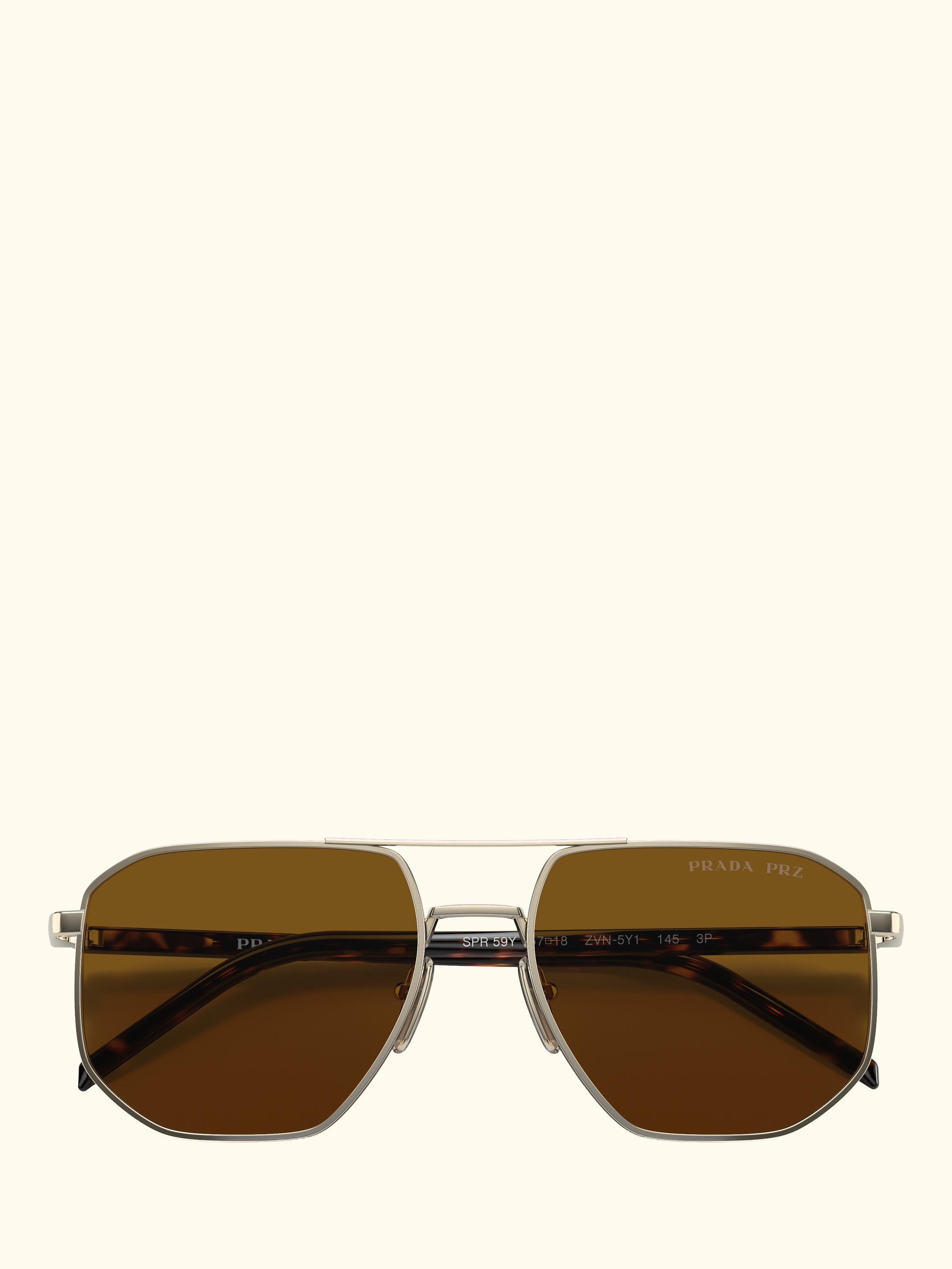 PR 59YS Men's Polarised Irregular Sunglasses, Pale Gold/Brown