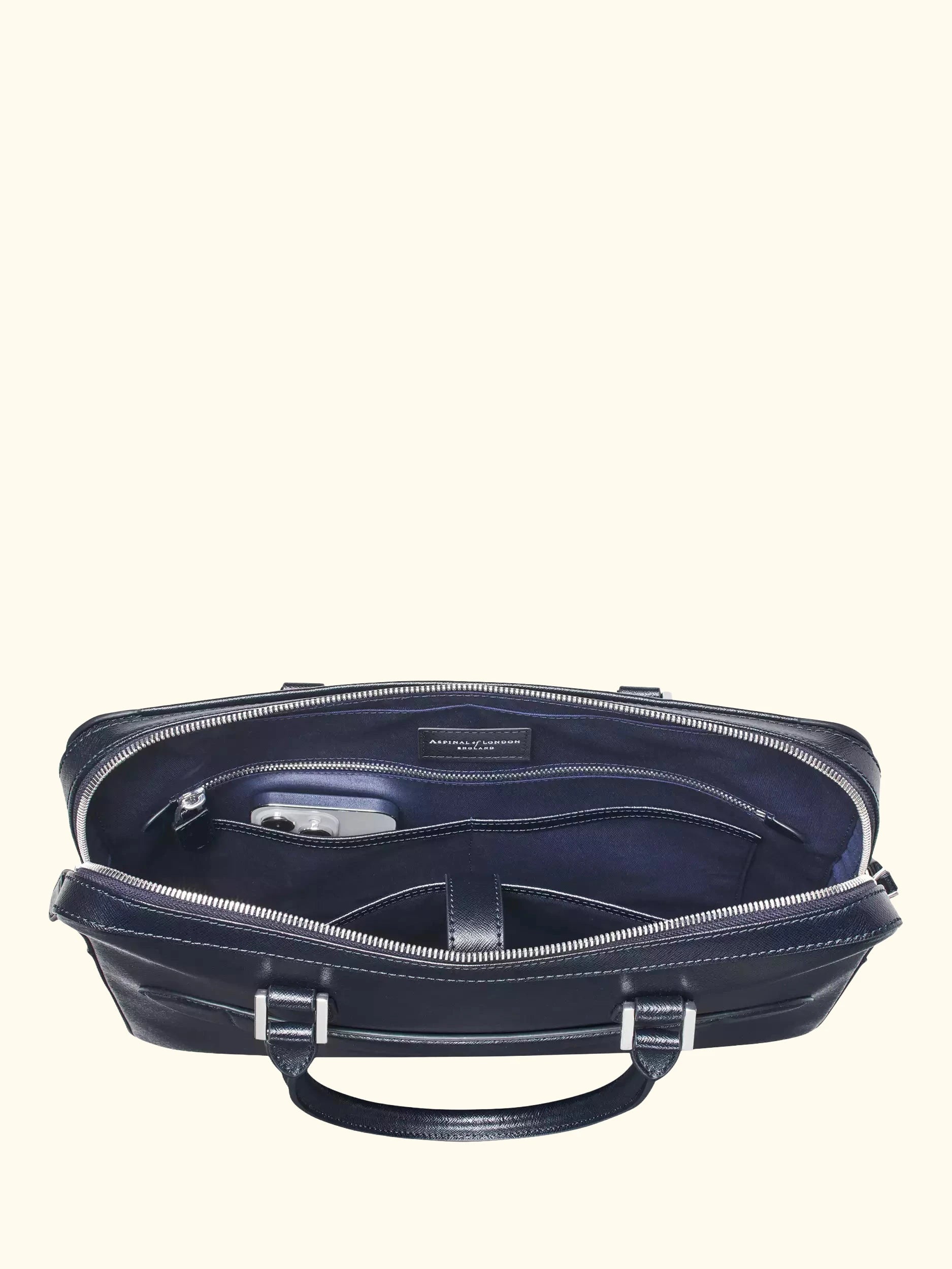 Aspinal of London Slim Leather Briefcase, Navy