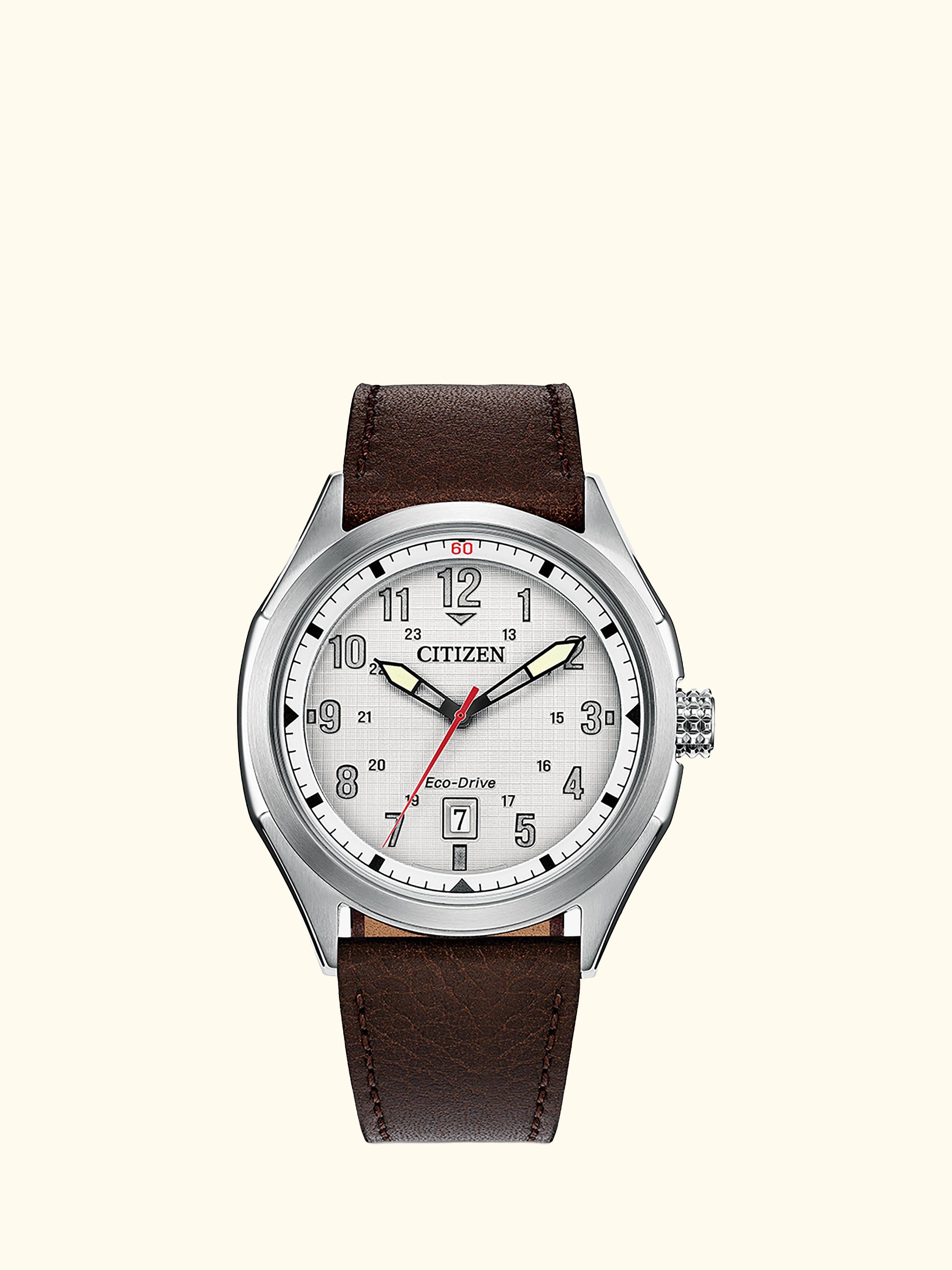 AW1890-19B Men's Terra Force Round Leather Strap Watch, Silver