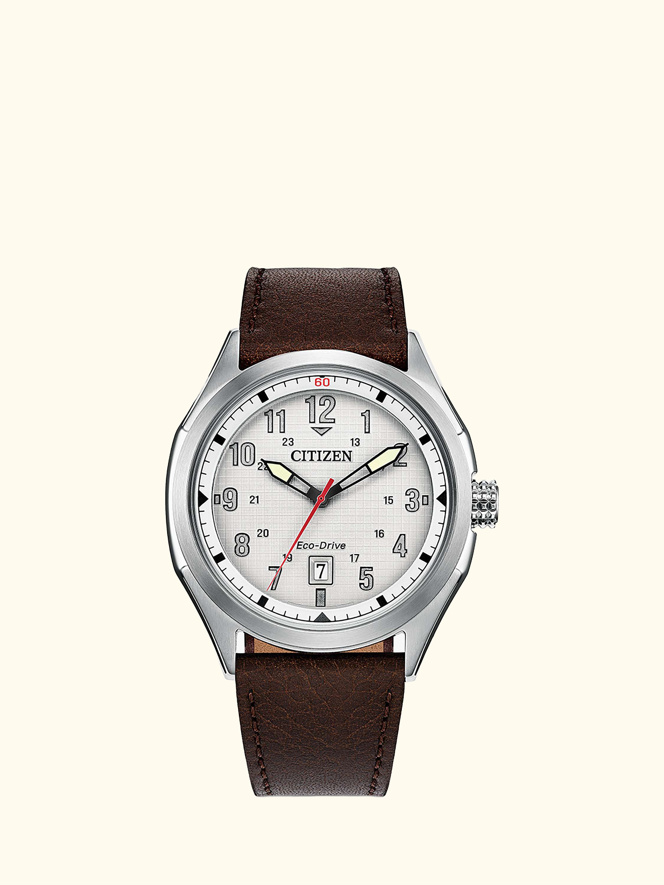 AW1890-19B Men's Terra Force Round Leather Strap Watch, Silver