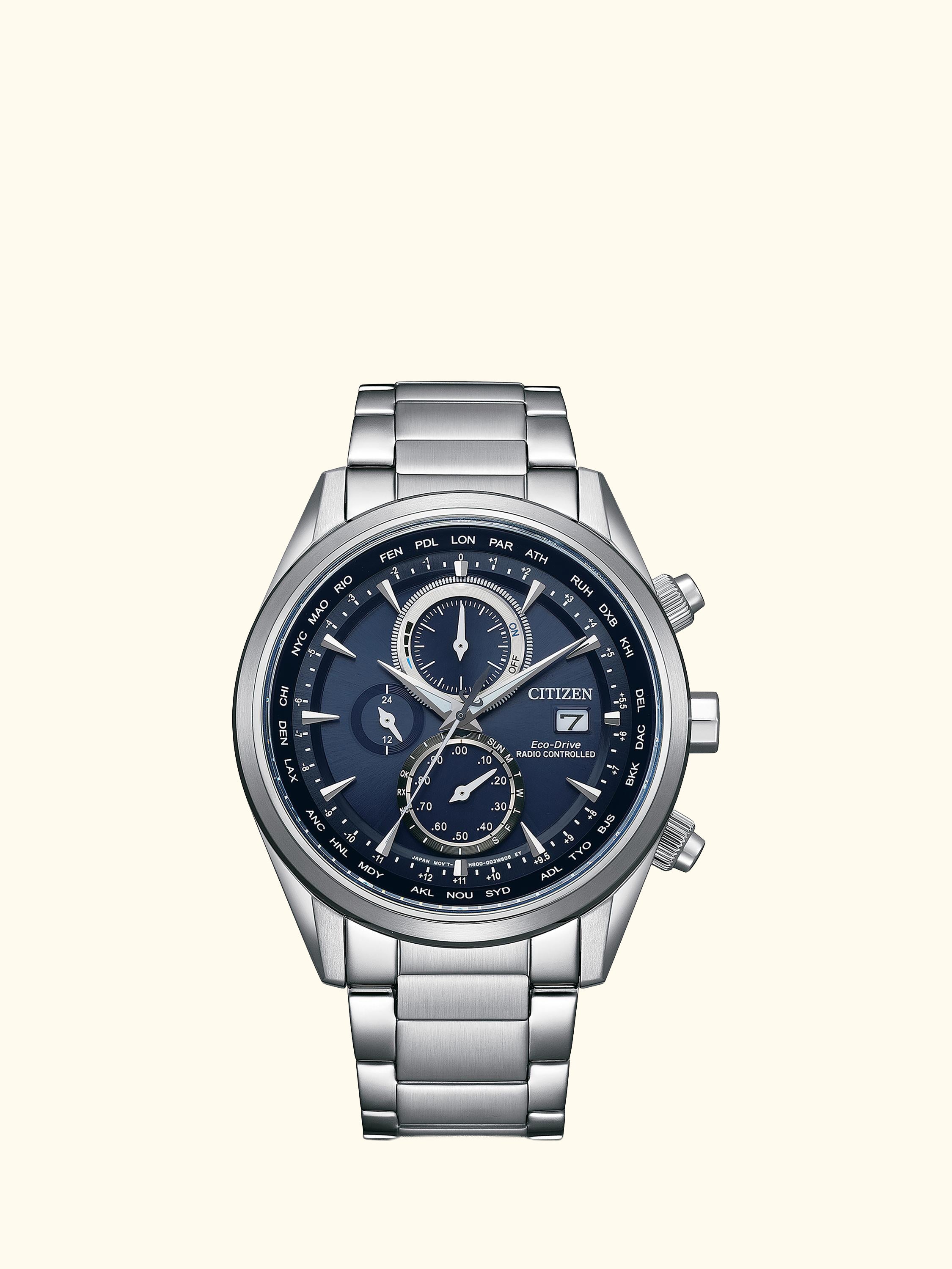 AT8260-85L Mens' World Radio Control Chronograph Bracelet Strap Watch, Silver