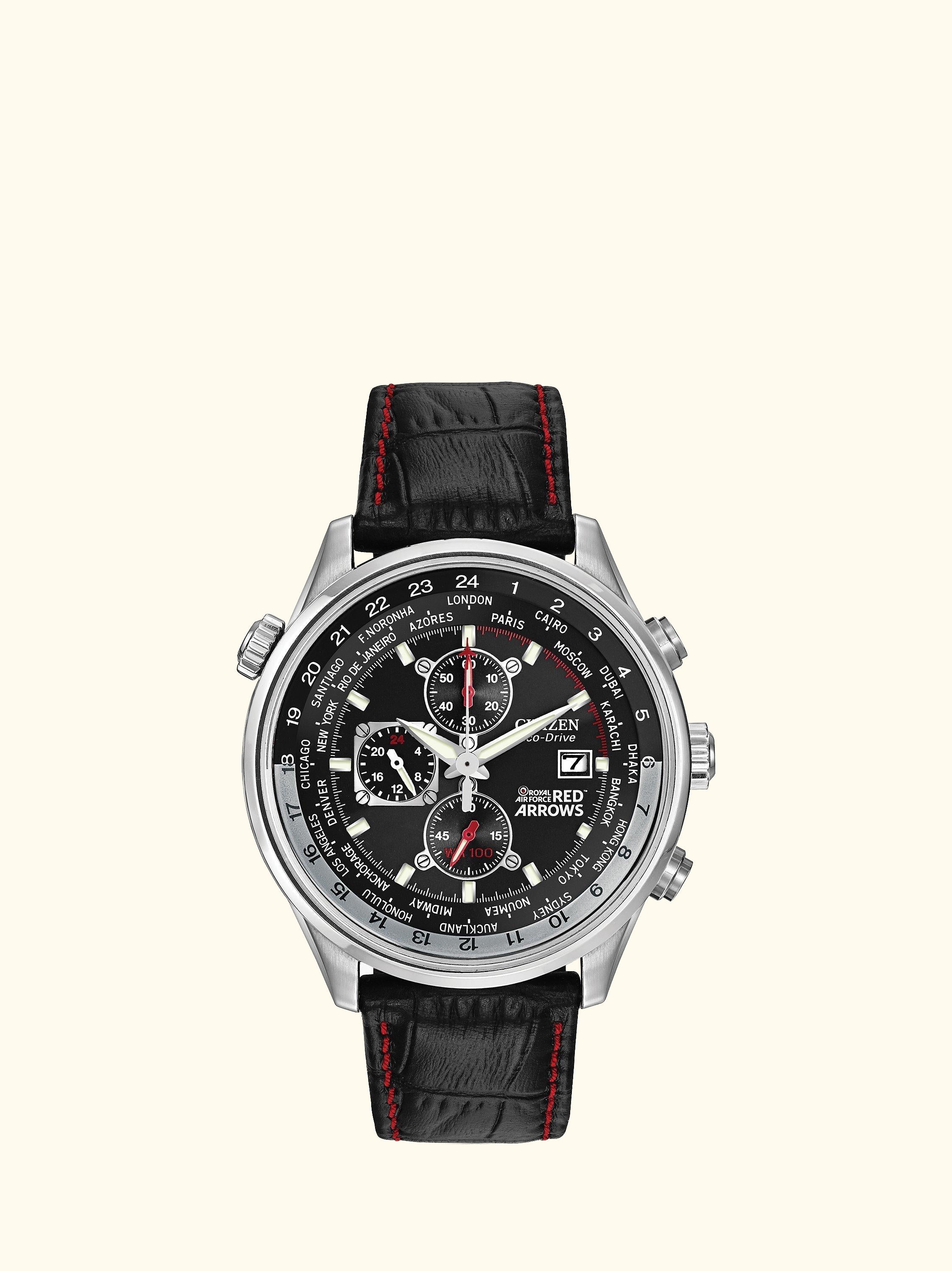 CA0080-03E Men's Red Arrows Eco-Drive Chronograph Leather Strap Watch, Black