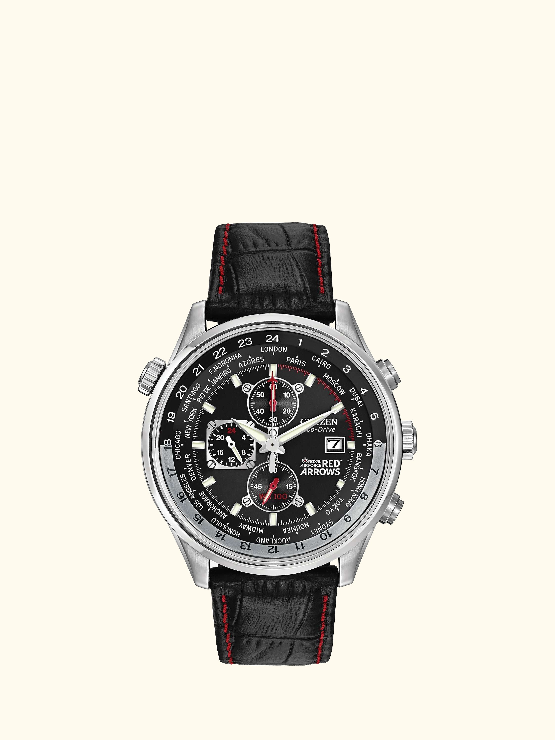 CA0080-03E Men's Red Arrows Eco-Drive Chronograph Leather Strap Watch, Black