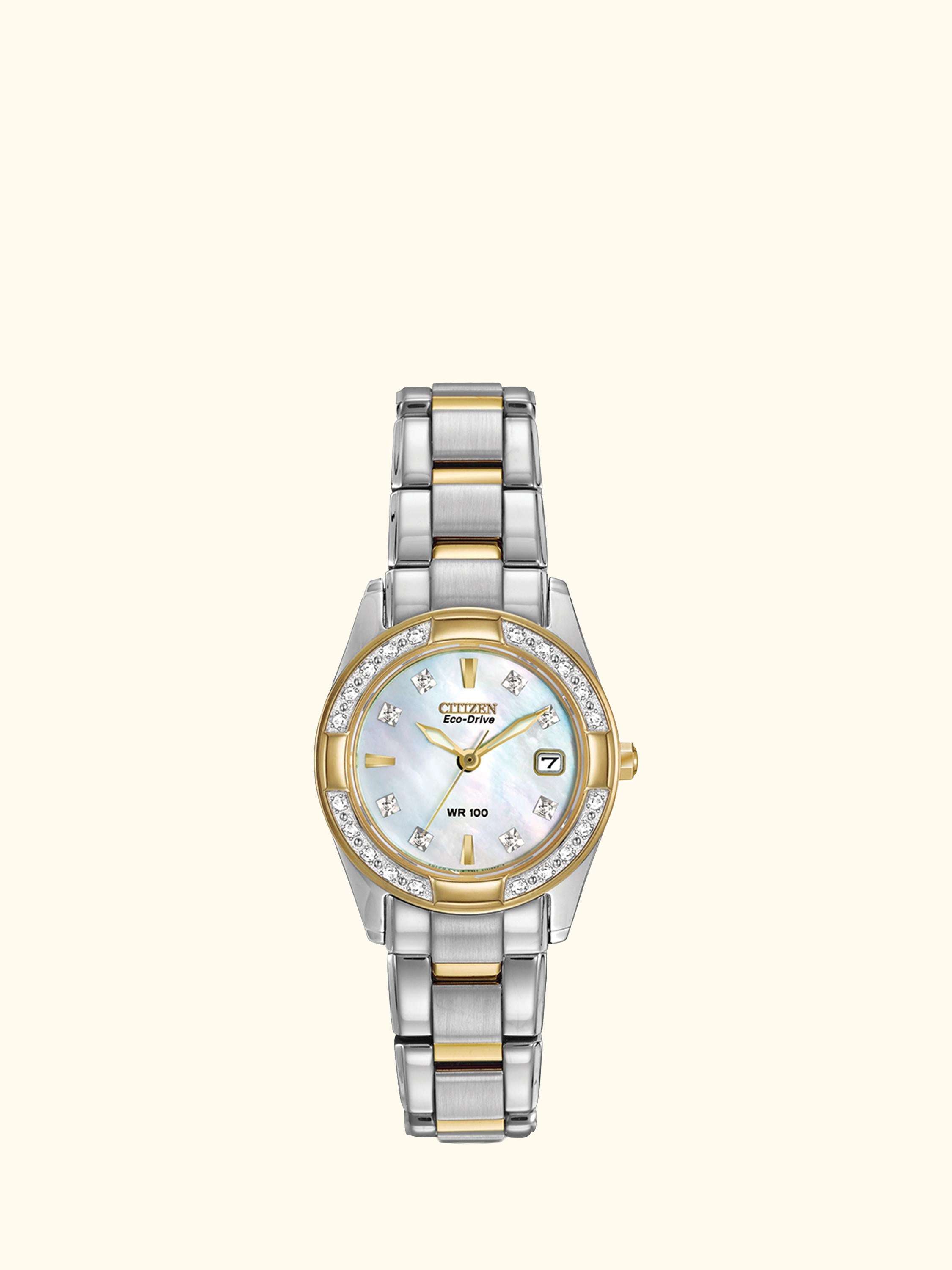 EW1824-57D Women's Eco-Drive Regent Two Tone Diamond Bracelet Strap Watch, Silver/Gold