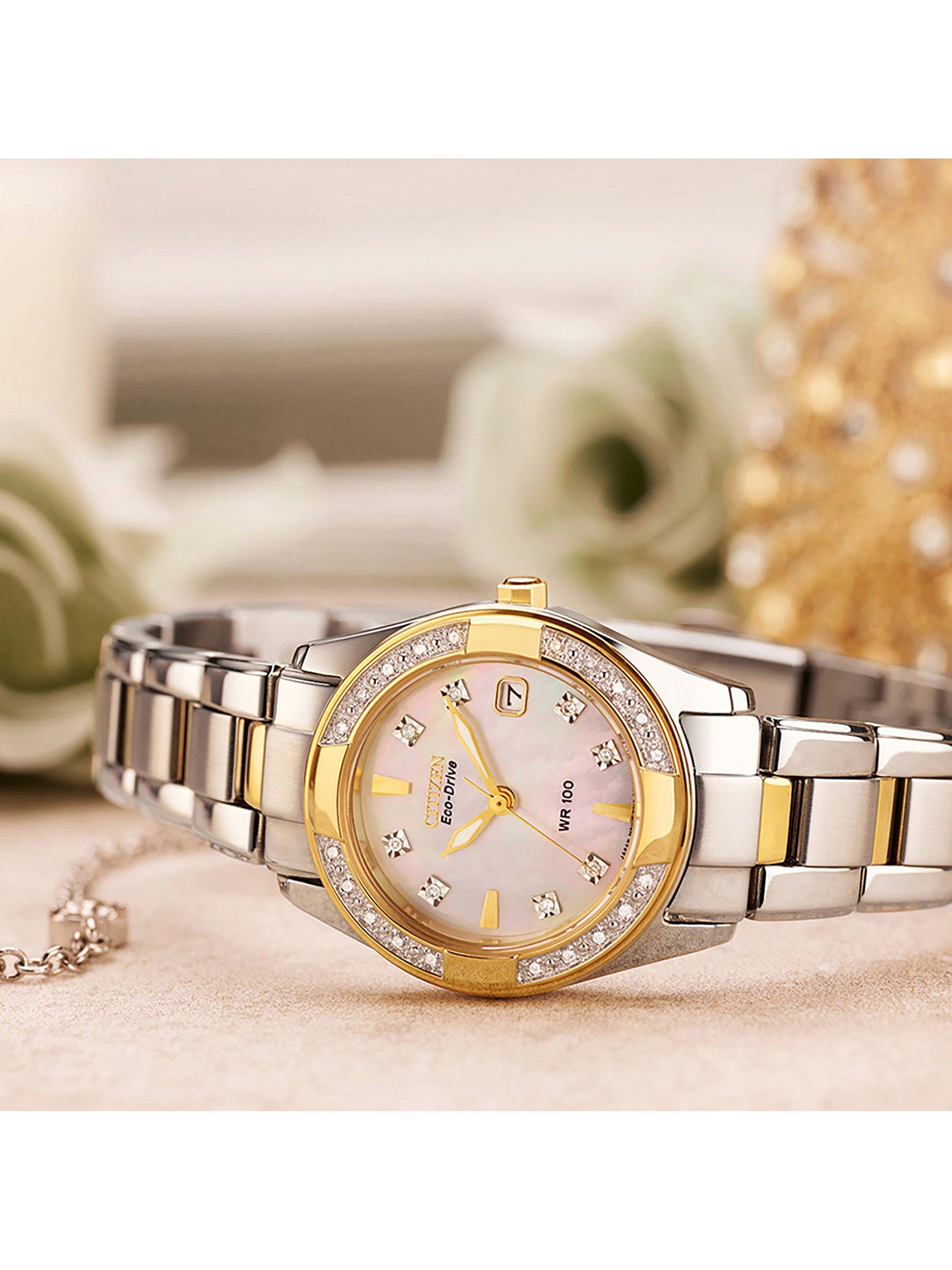 EW1824-57D Women's Eco-Drive Regent Two Tone Diamond Bracelet Strap Watch, Silver/Gold