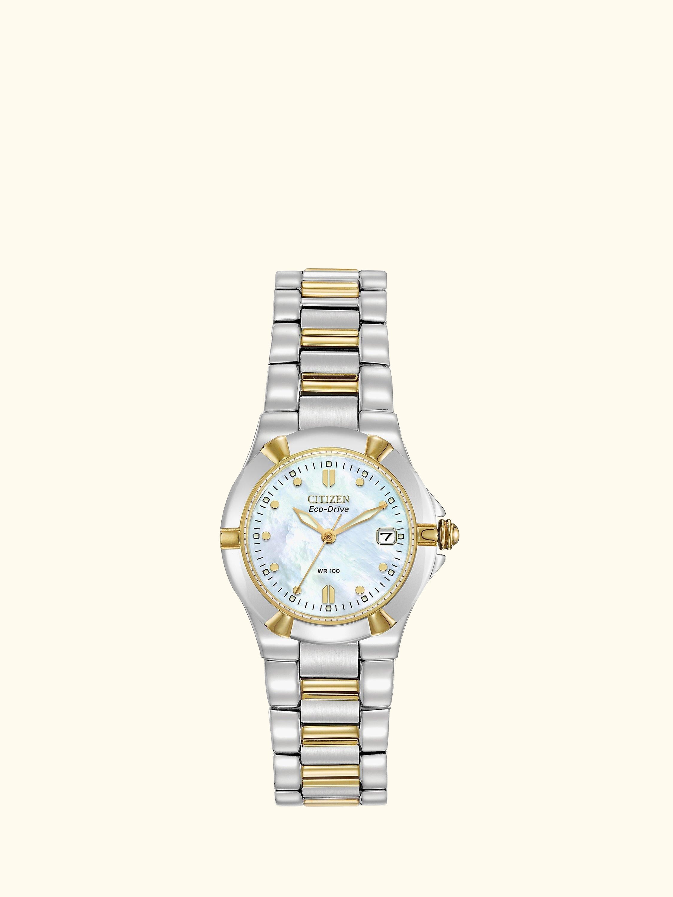 EW1534-57D Women's Eco-Drive Mother of Pearl Two Tone Bracelet Strap Watch, Silver/Gold