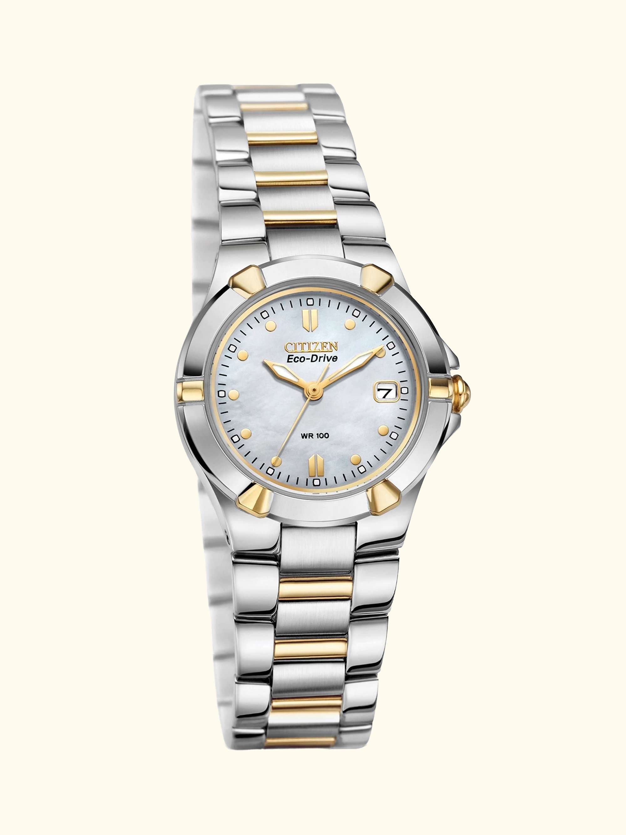 EW1534-57D Women's Eco-Drive Mother of Pearl Two Tone Bracelet Strap Watch, Silver/Gold