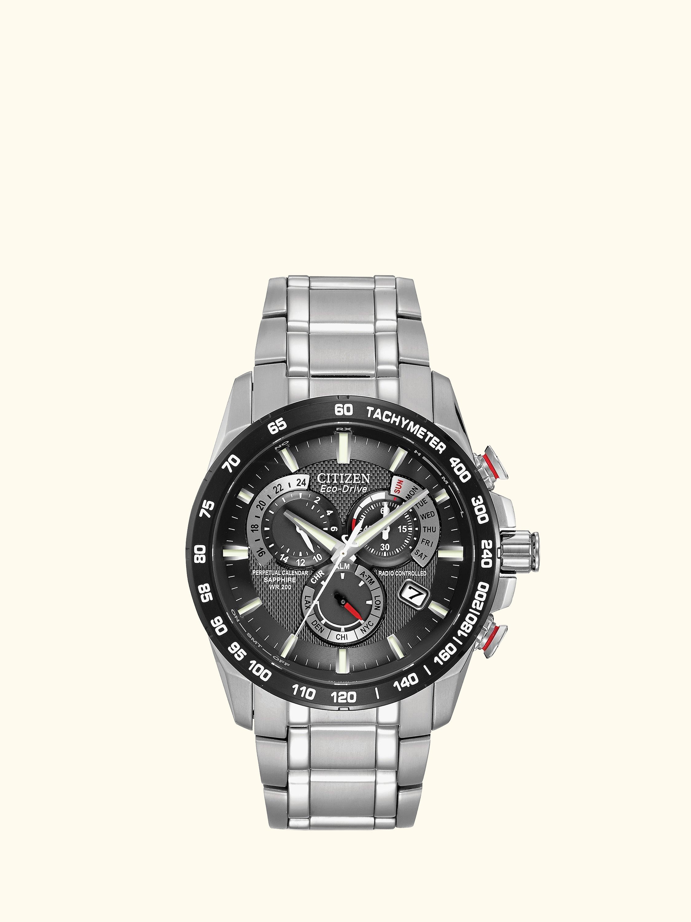 CB5898-59E Men's Eco-Drive Perpetual Calendar Chronograph Bracelet Strap Watch, Silver/Black