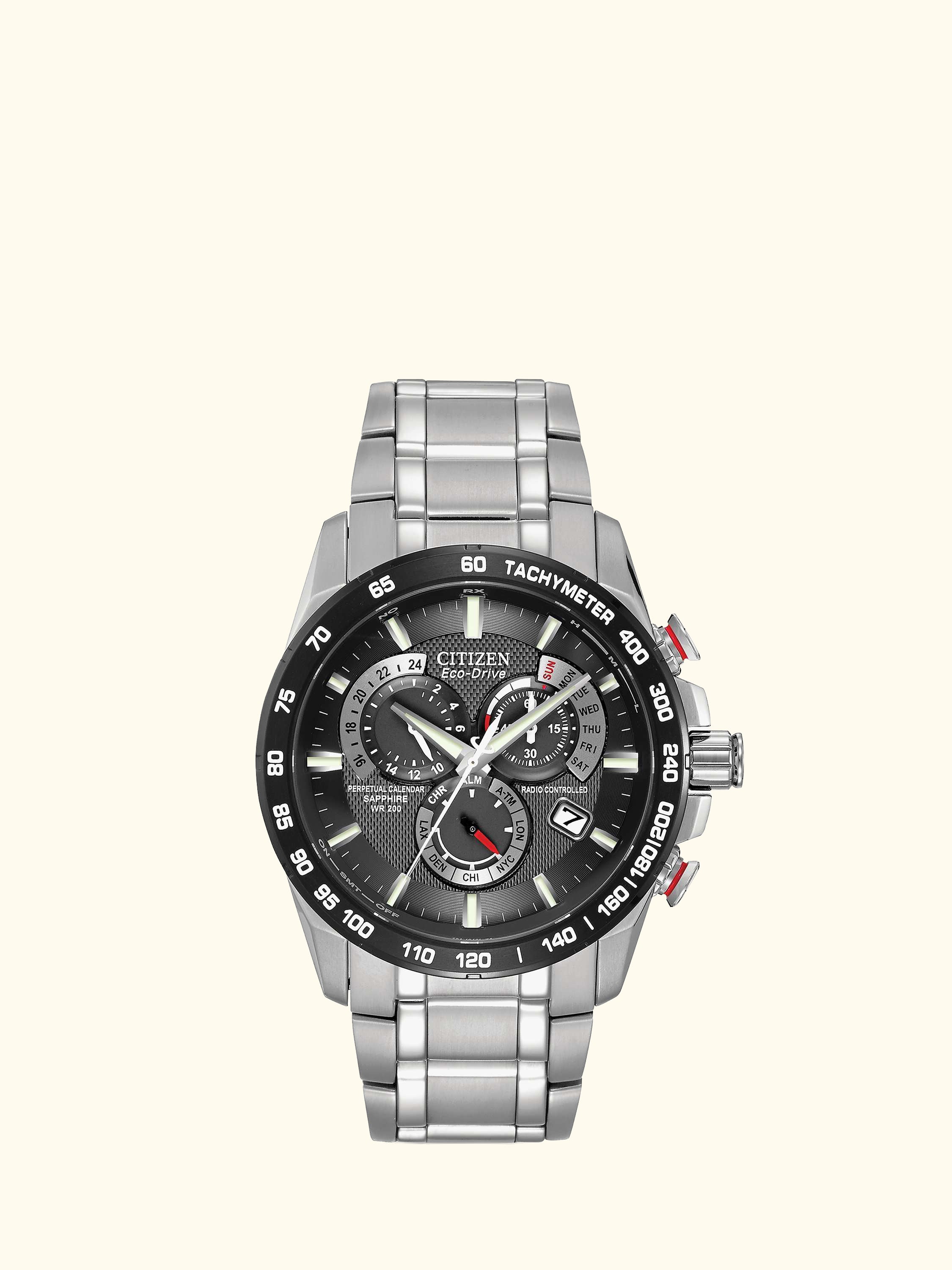 CB5898-59E Men's Eco-Drive Perpetual Calendar Chronograph Bracelet Strap Watch, Silver/Black