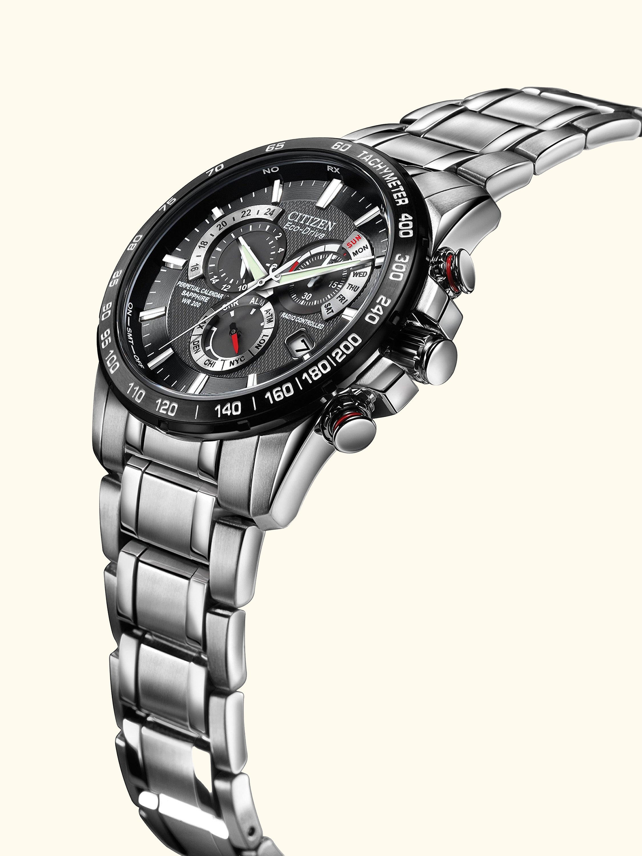 CB5898-59E Men's Eco-Drive Perpetual Calendar Chronograph Bracelet Strap Watch, Silver/Black