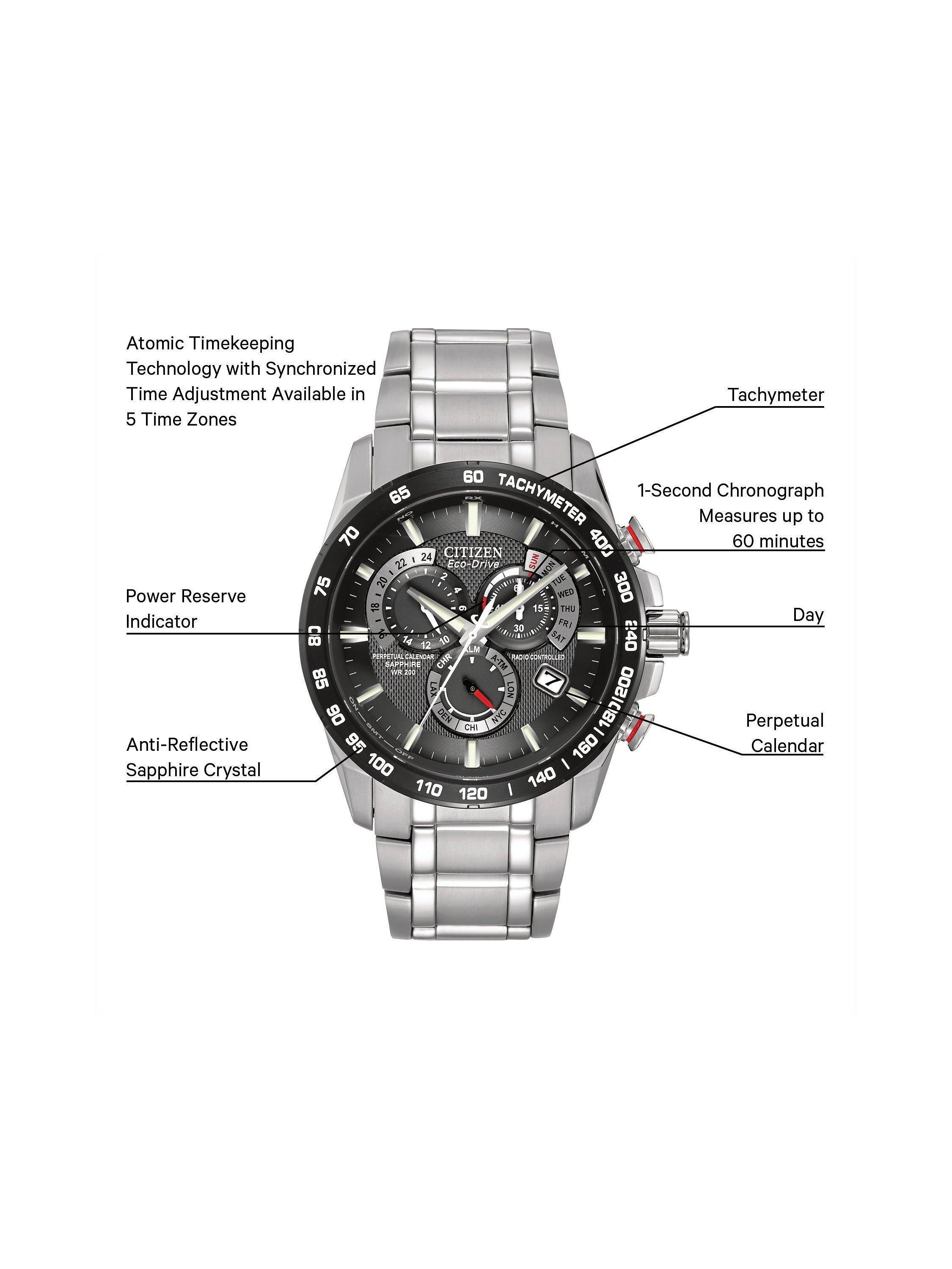 CB5898-59E Men's Eco-Drive Perpetual Calendar Chronograph Bracelet Strap Watch, Silver/Black
