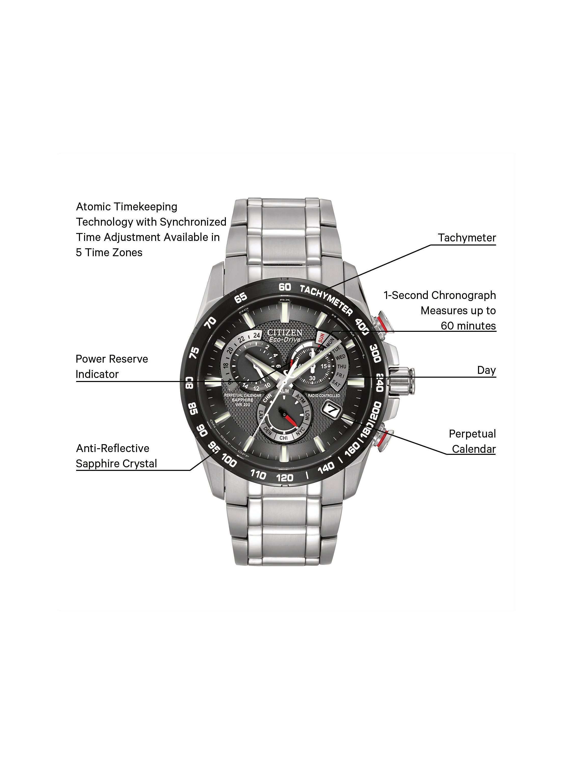 CB5898-59E Men's Eco-Drive Perpetual Calendar Chronograph Bracelet Strap Watch, Silver/Black