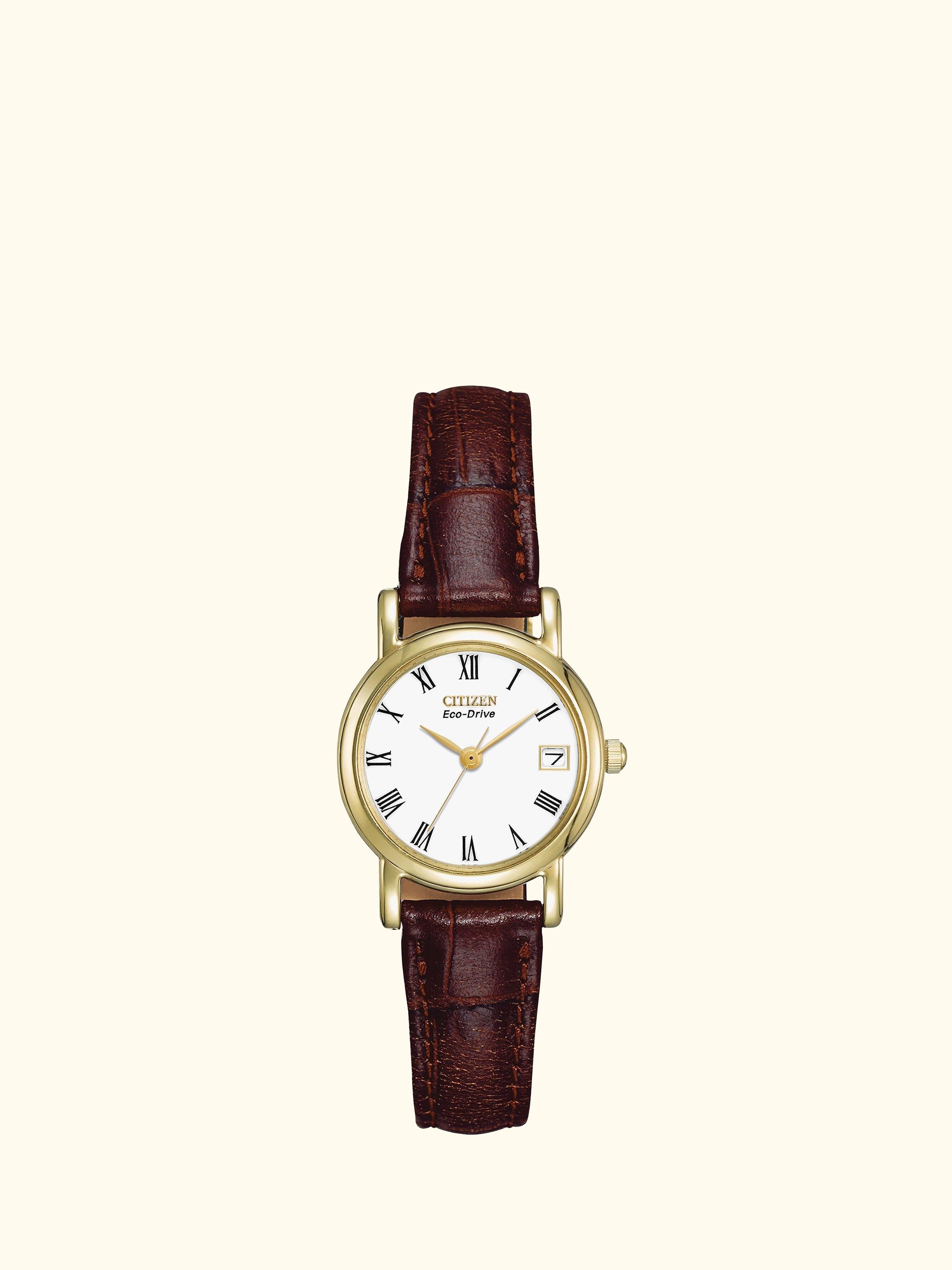 EW1272-01B Women's Eco-Drive Leather Strap Watch, Brown/White