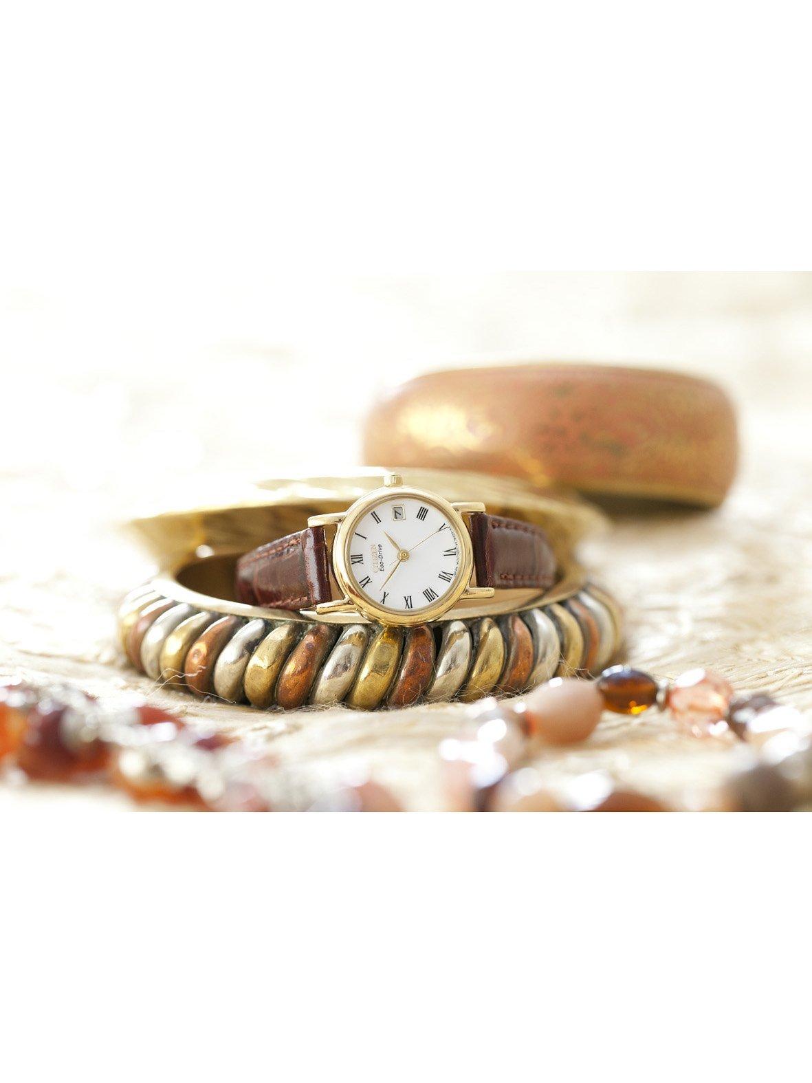 EW1272-01B Women's Eco-Drive Leather Strap Watch, Brown/White