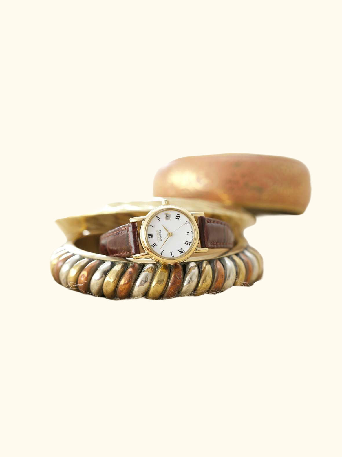 EW1272-01B Women's Eco-Drive Leather Strap Watch, Brown/White