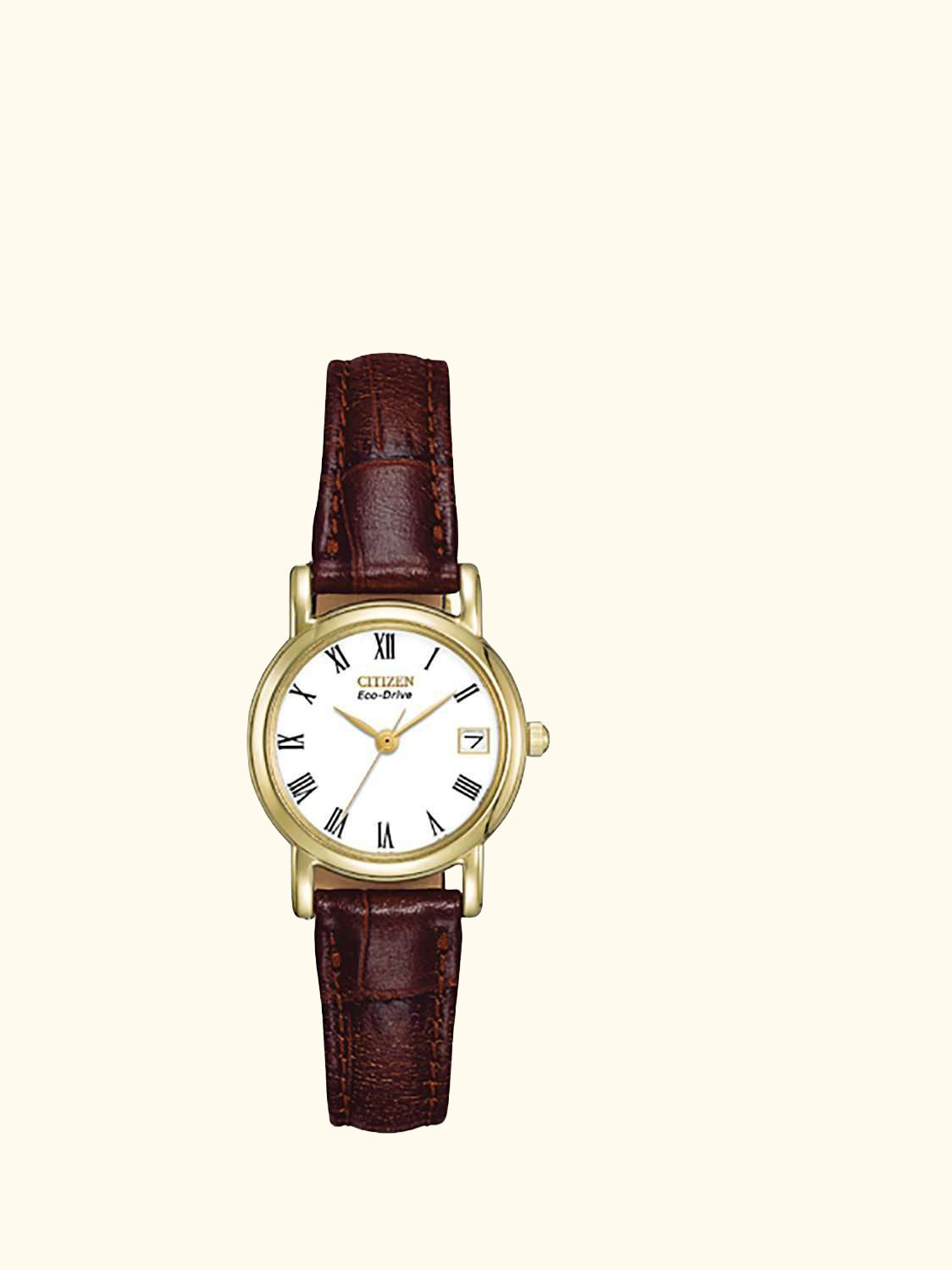 EW1272-01B Women's Eco-Drive Leather Strap Watch, Brown/White
