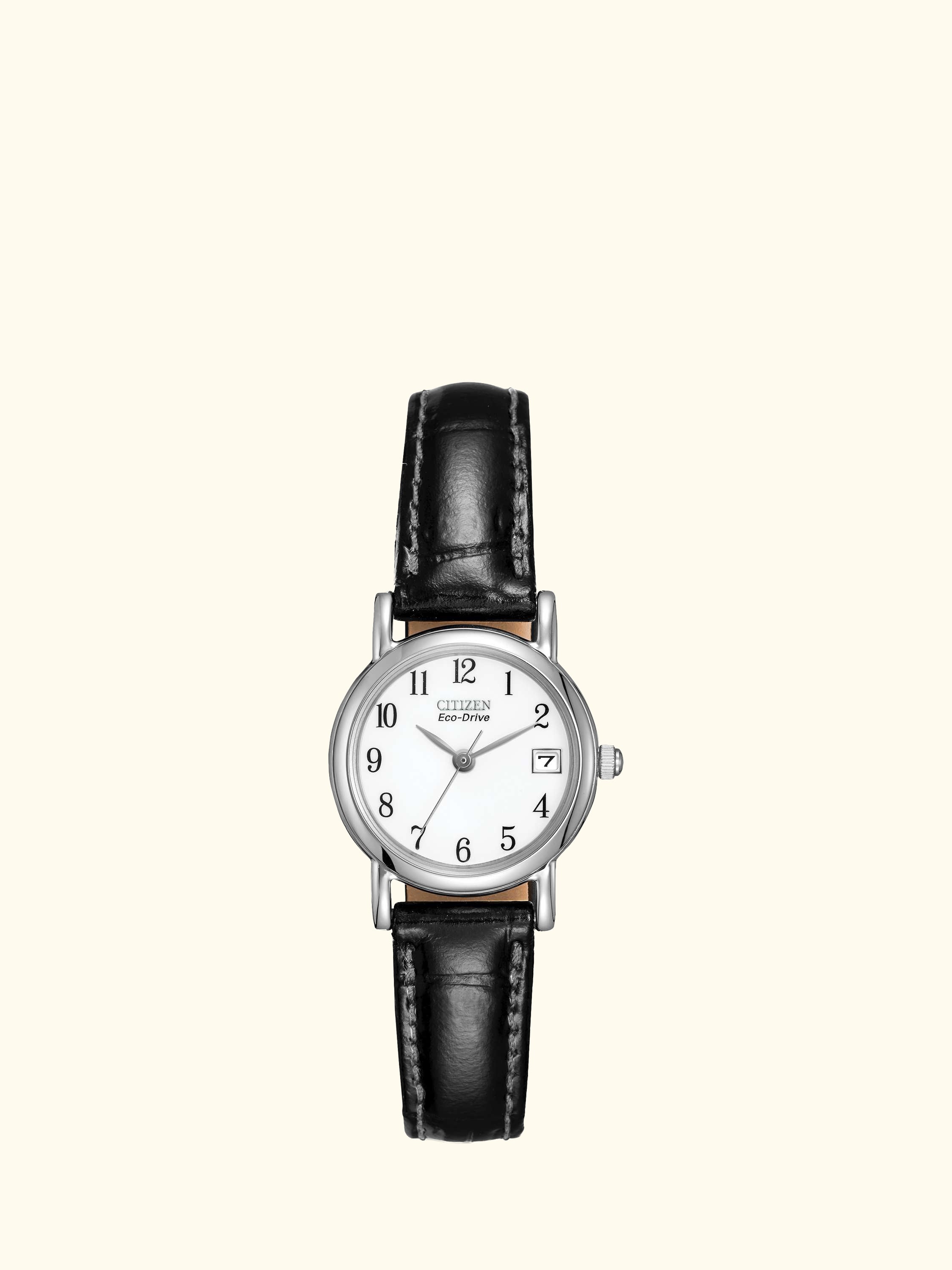 EW1270-06A Women's Date Leather Strap Watch, Black/White