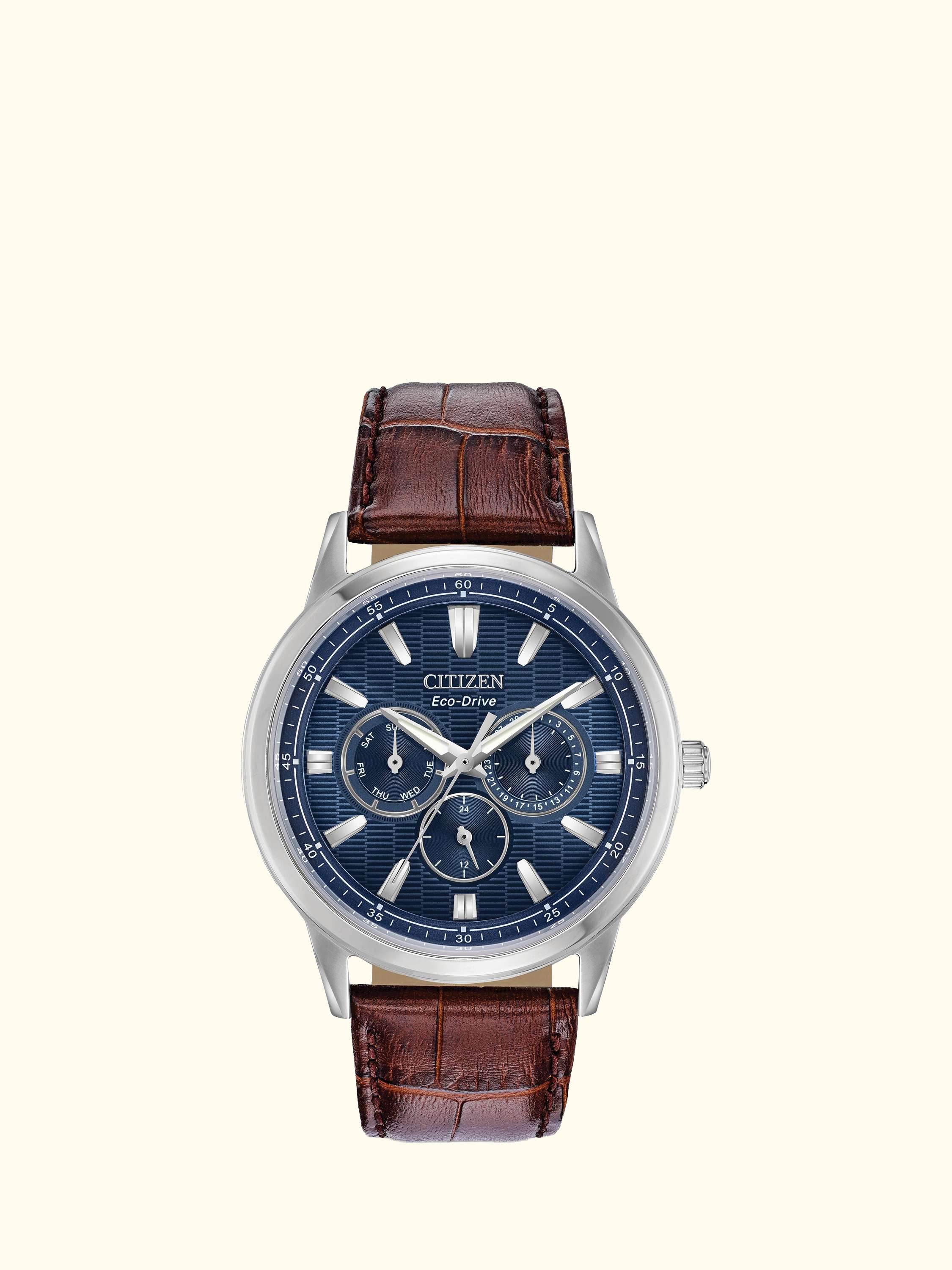 BU2070-12L Men's Eco-Drive Chronograph Leather Strap Watch, Brown/Blue