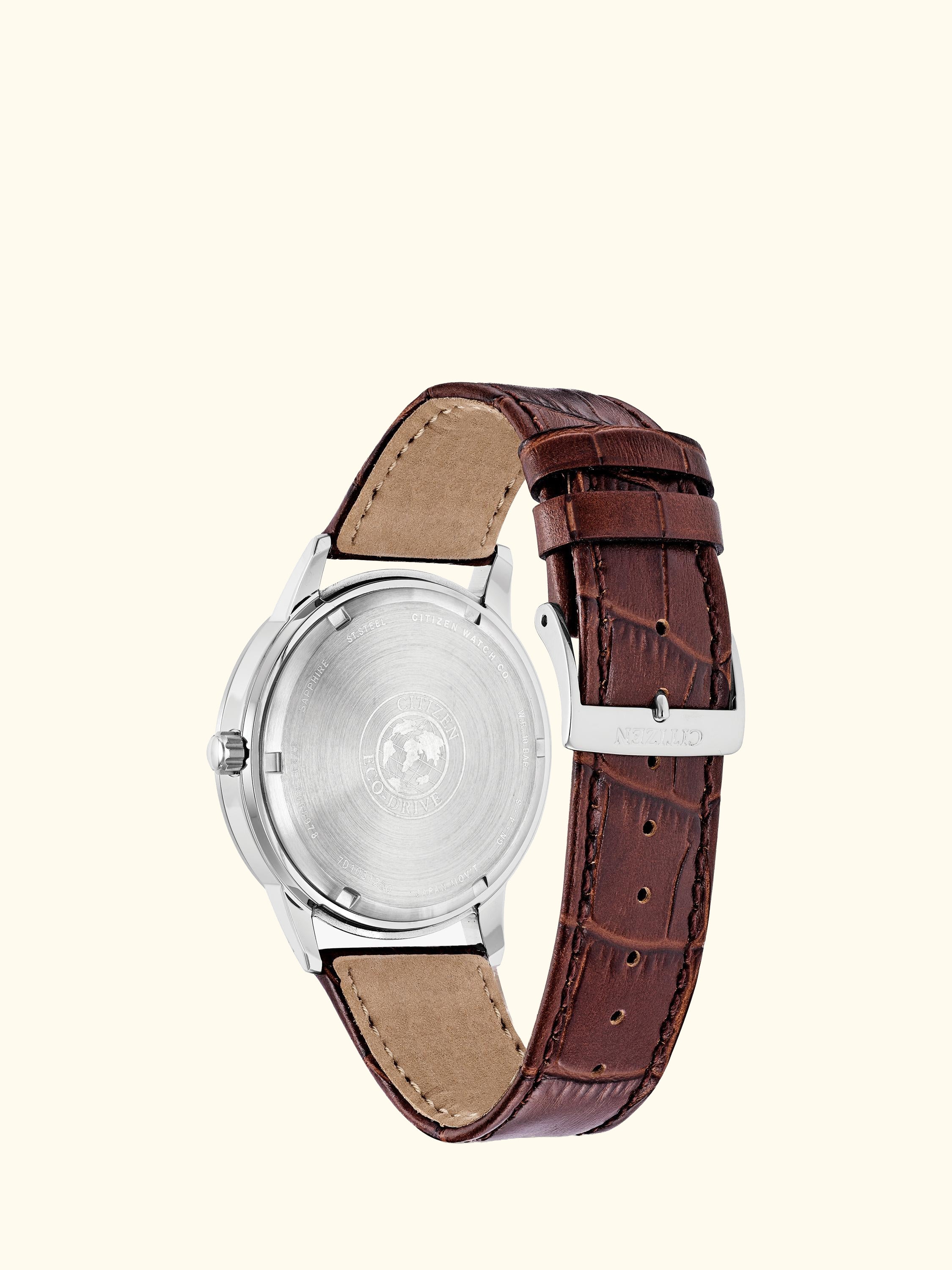 BU2070-12L Men's Eco-Drive Chronograph Leather Strap Watch, Brown/Blue