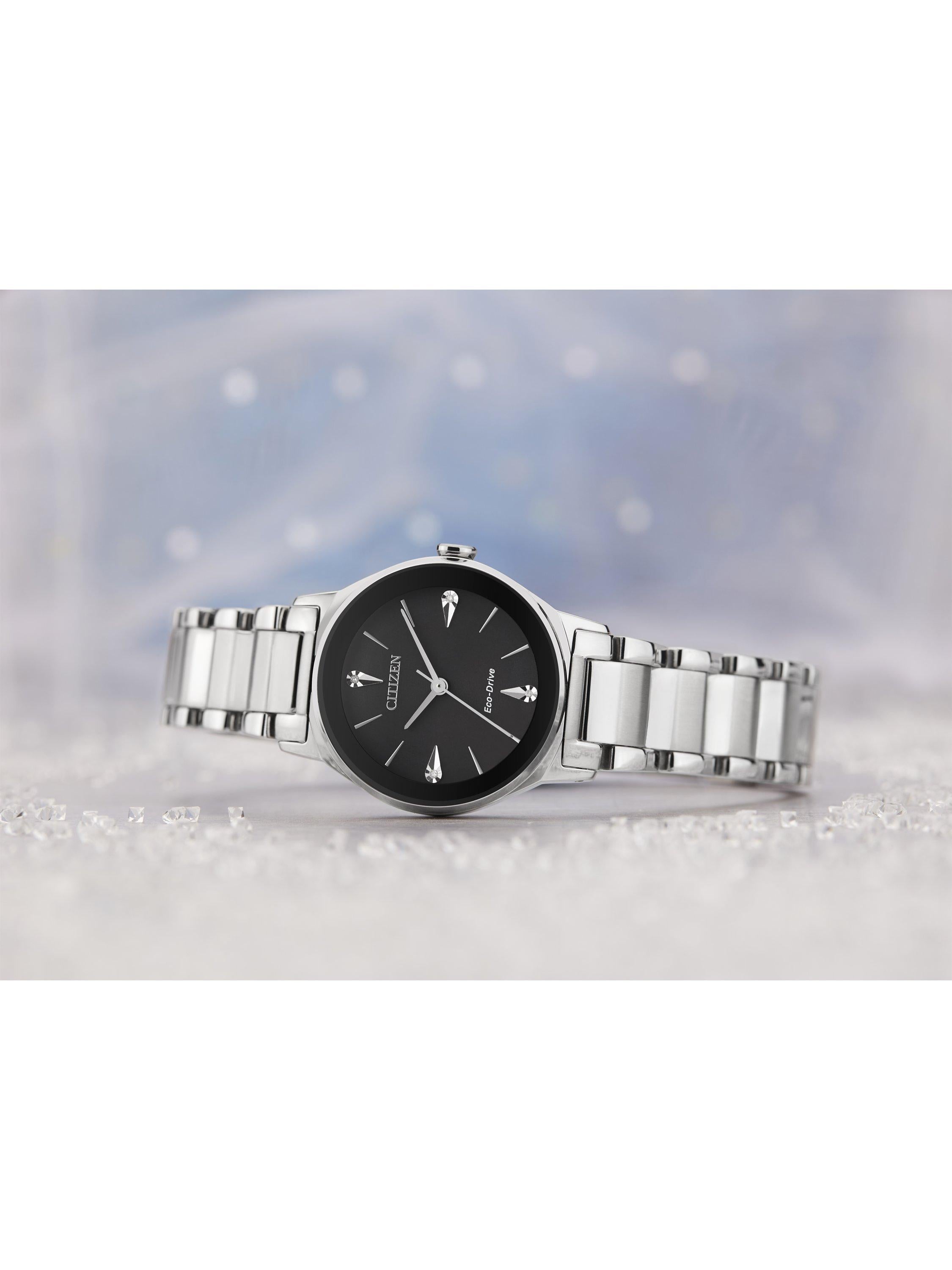 EM0730-57E Women's Axiom Eco-Drive Diamond Bracelet Strap Watch, Silver/Black