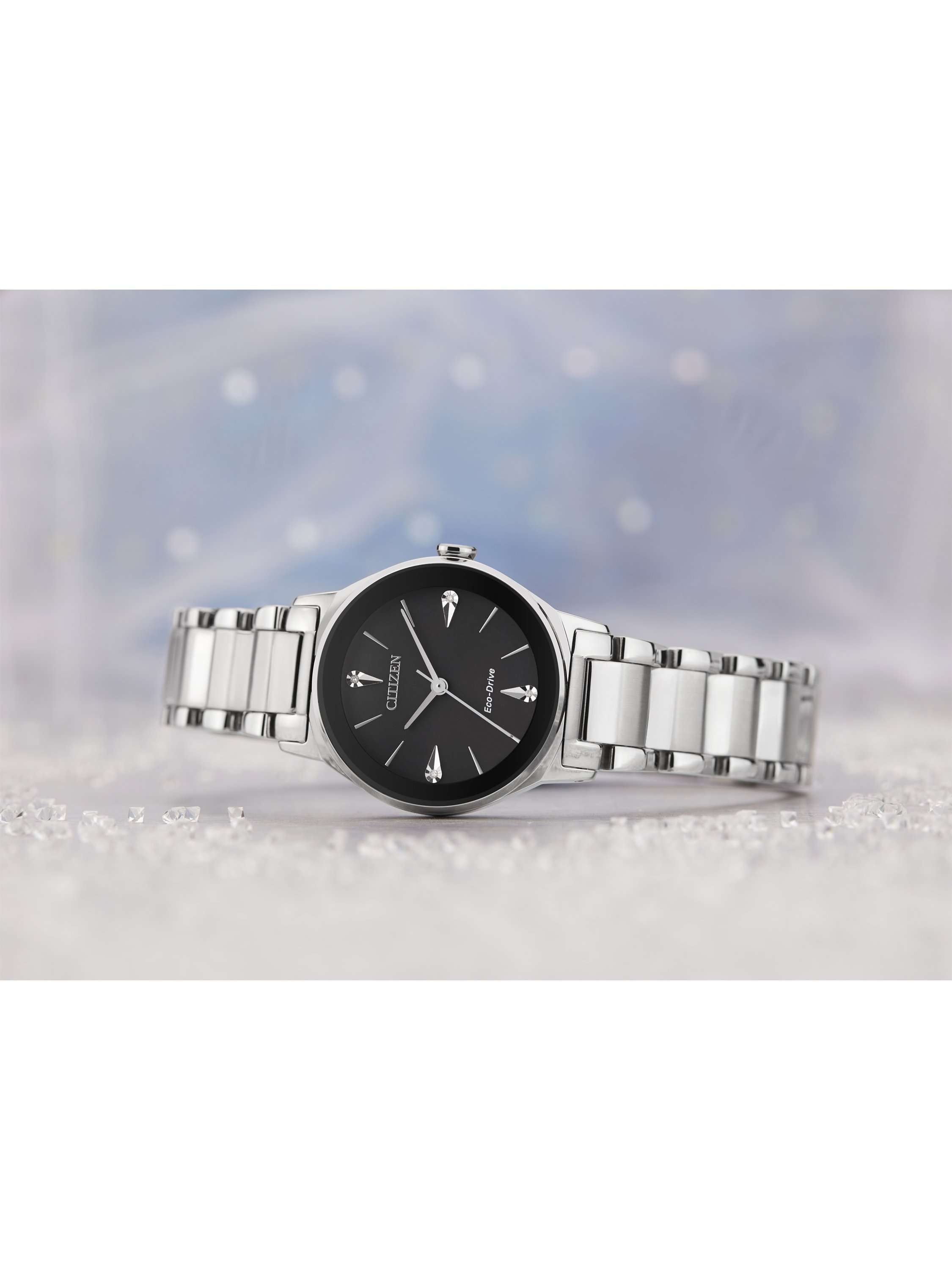 EM0730-57E Women's Axiom Eco-Drive Diamond Bracelet Strap Watch, Silver/Black