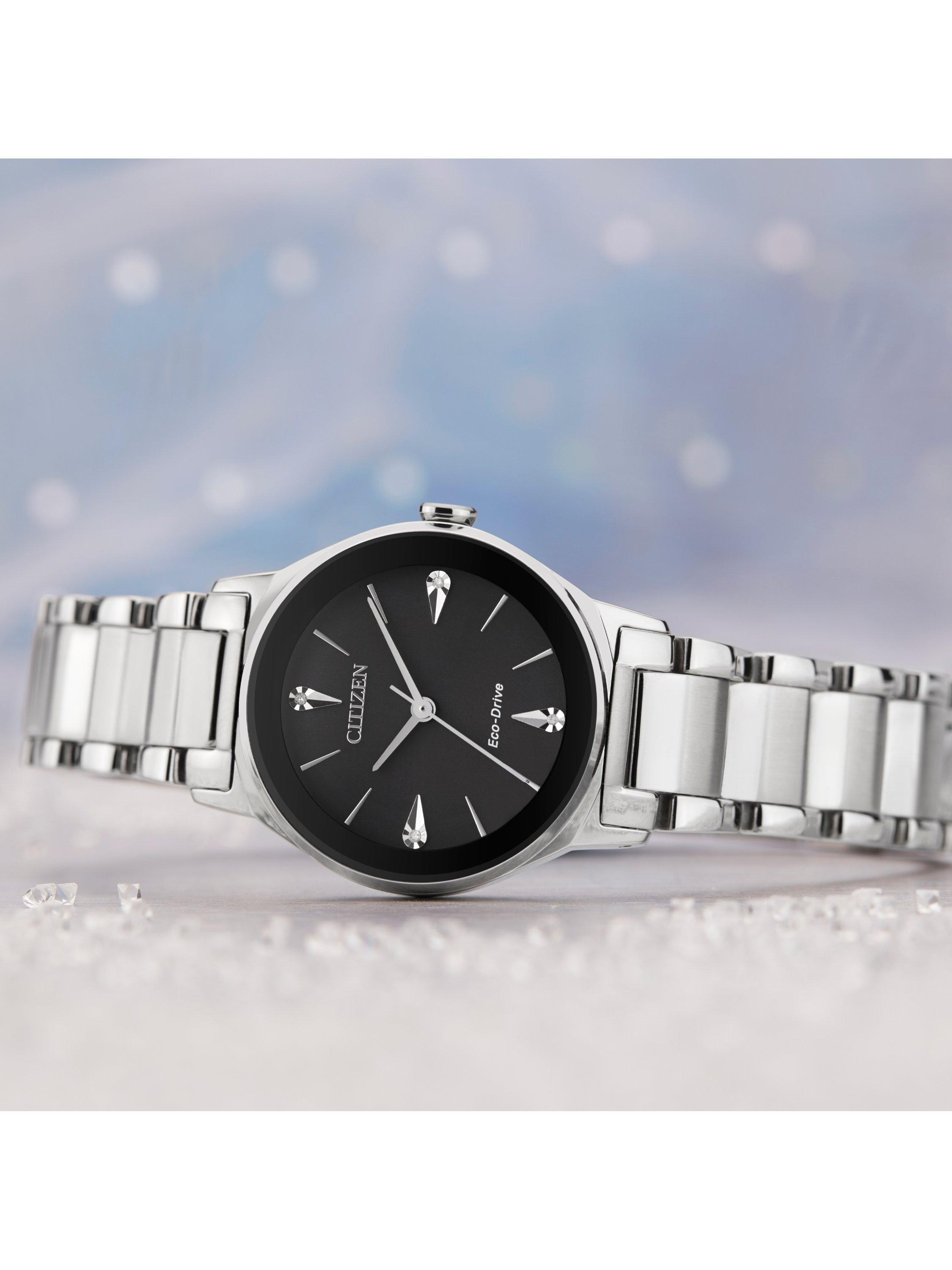 EM0730-57E Women's Axiom Eco-Drive Diamond Bracelet Strap Watch, Silver/Black