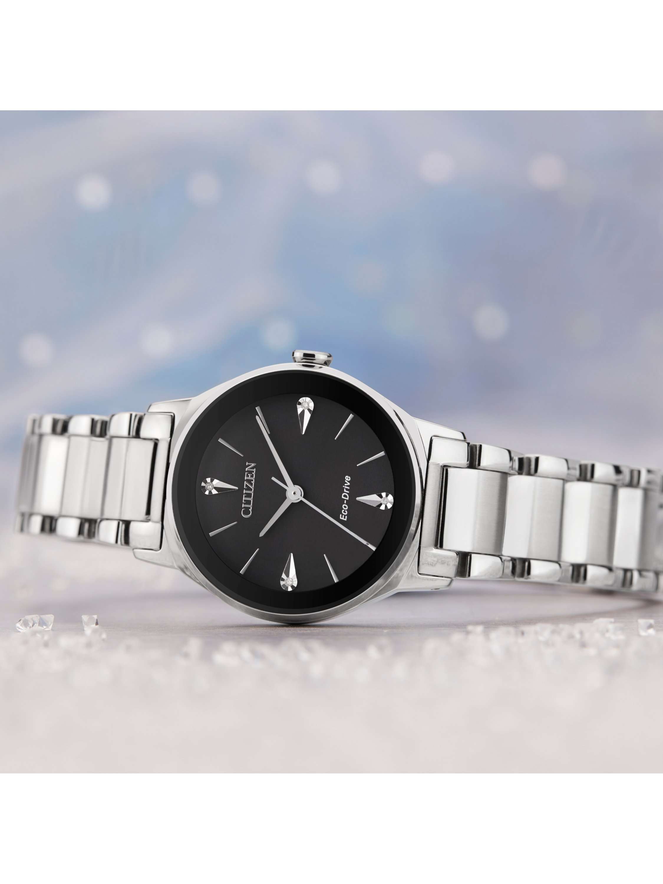 EM0730-57E Women's Axiom Eco-Drive Diamond Bracelet Strap Watch, Silver/Black