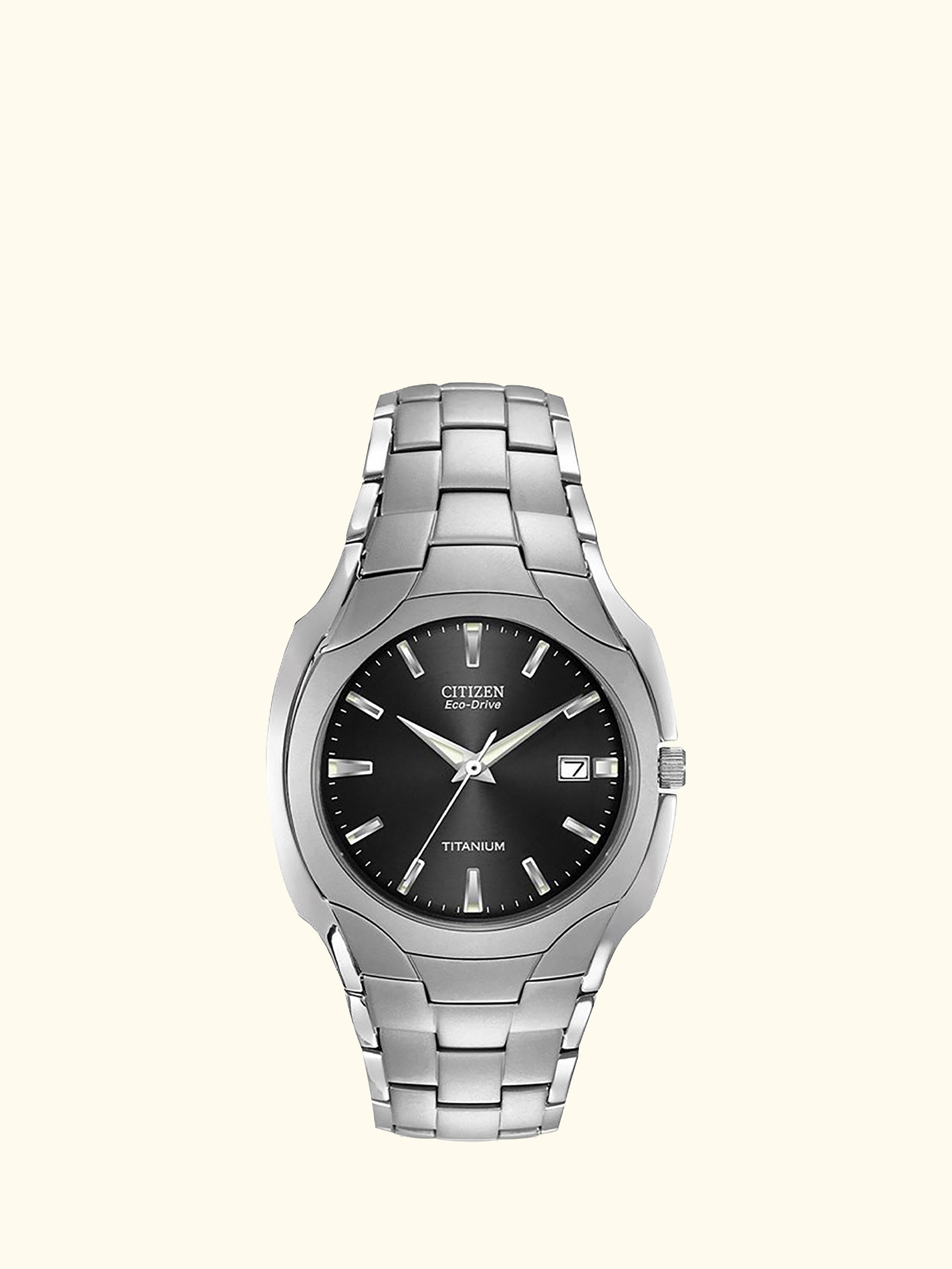 BM7440-51E Men's Eco-Drive Date Titanium Bracelet Strap Watch, Silver/Black