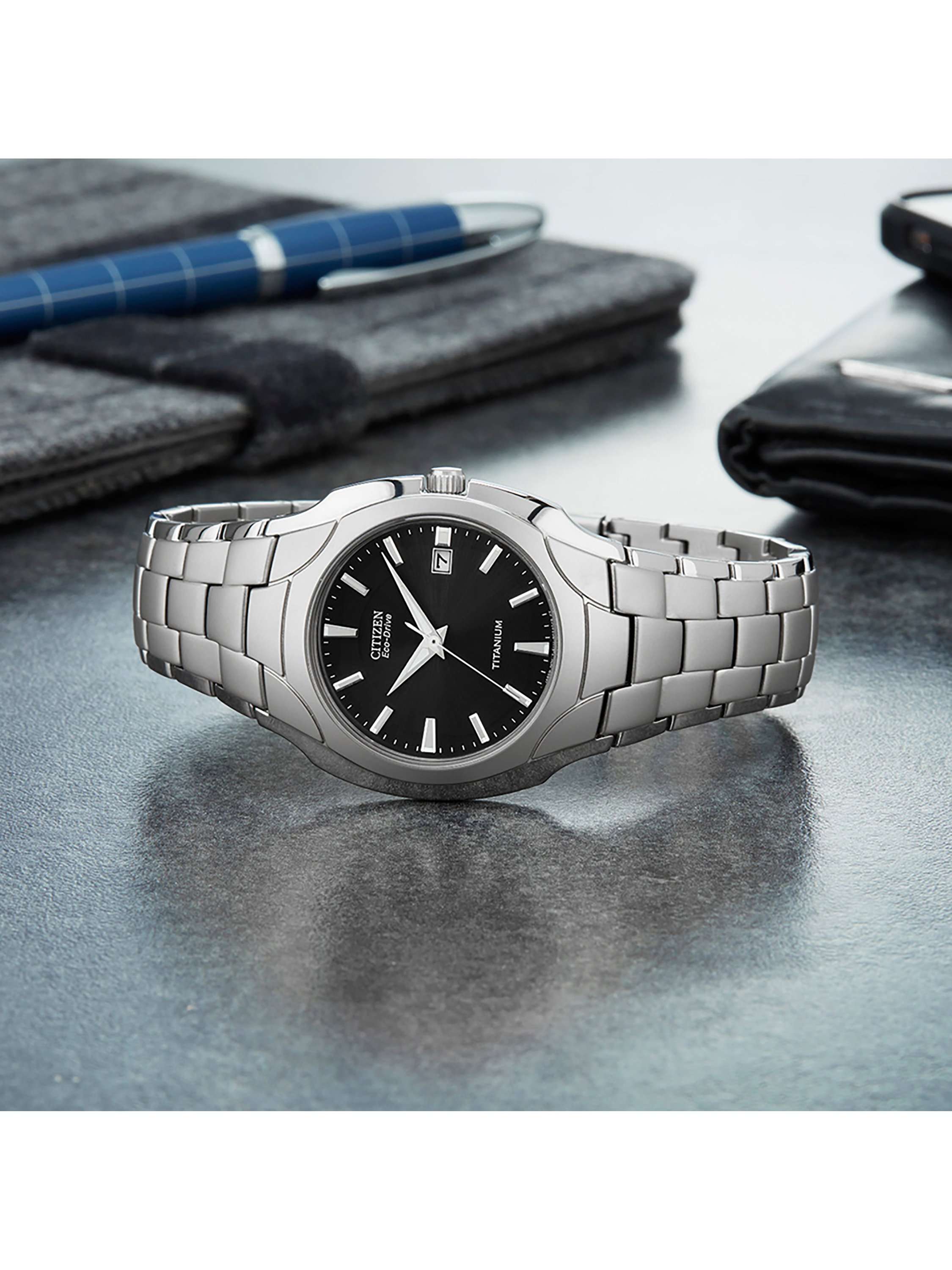BM7440-51E Men's Eco-Drive Date Titanium Bracelet Strap Watch, Silver/Black