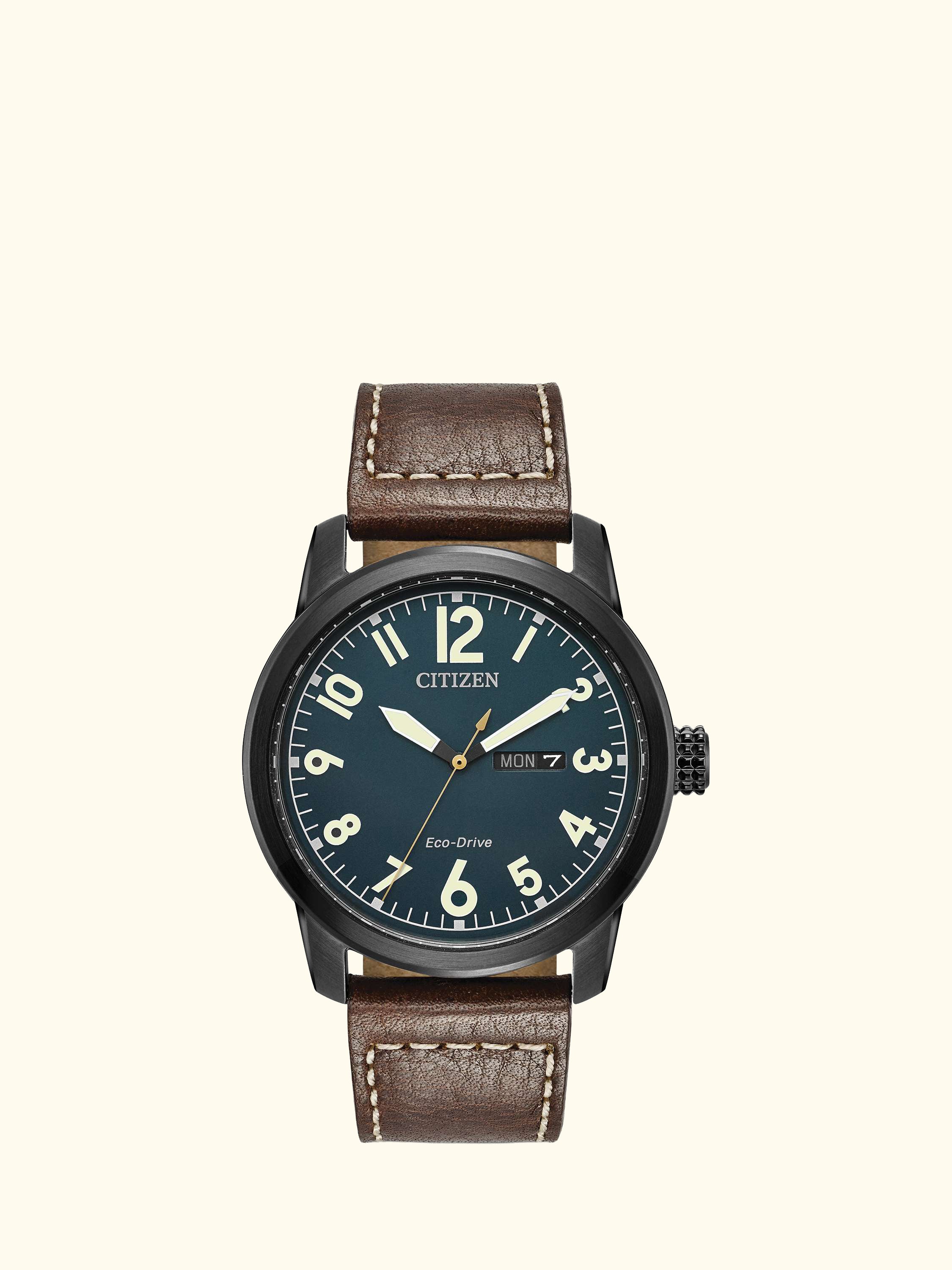 BM8478-01L Men's Day Date Leather Strap Watch, Brown/Blue