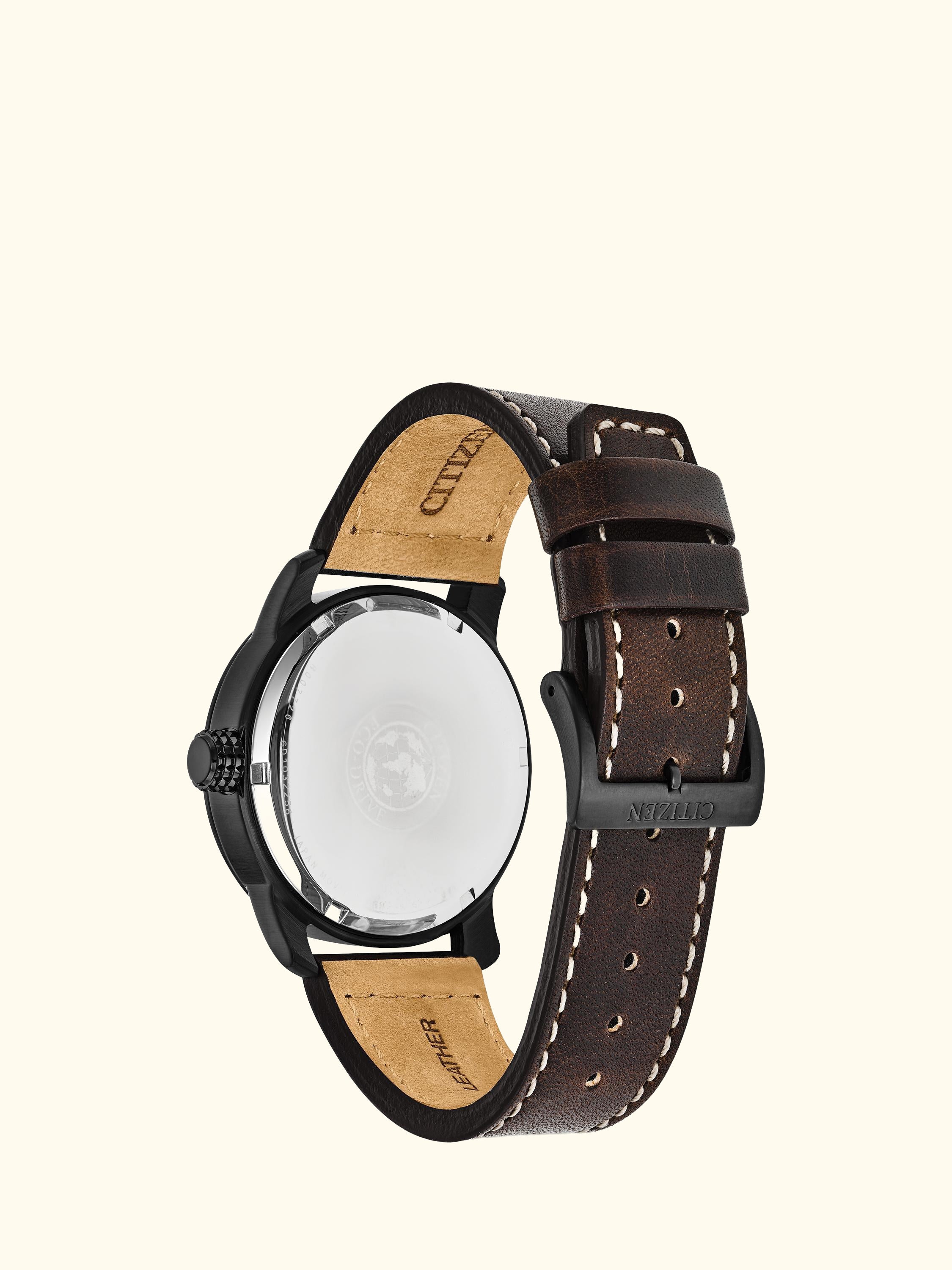 BM8478-01L Men's Day Date Leather Strap Watch, Brown/Blue