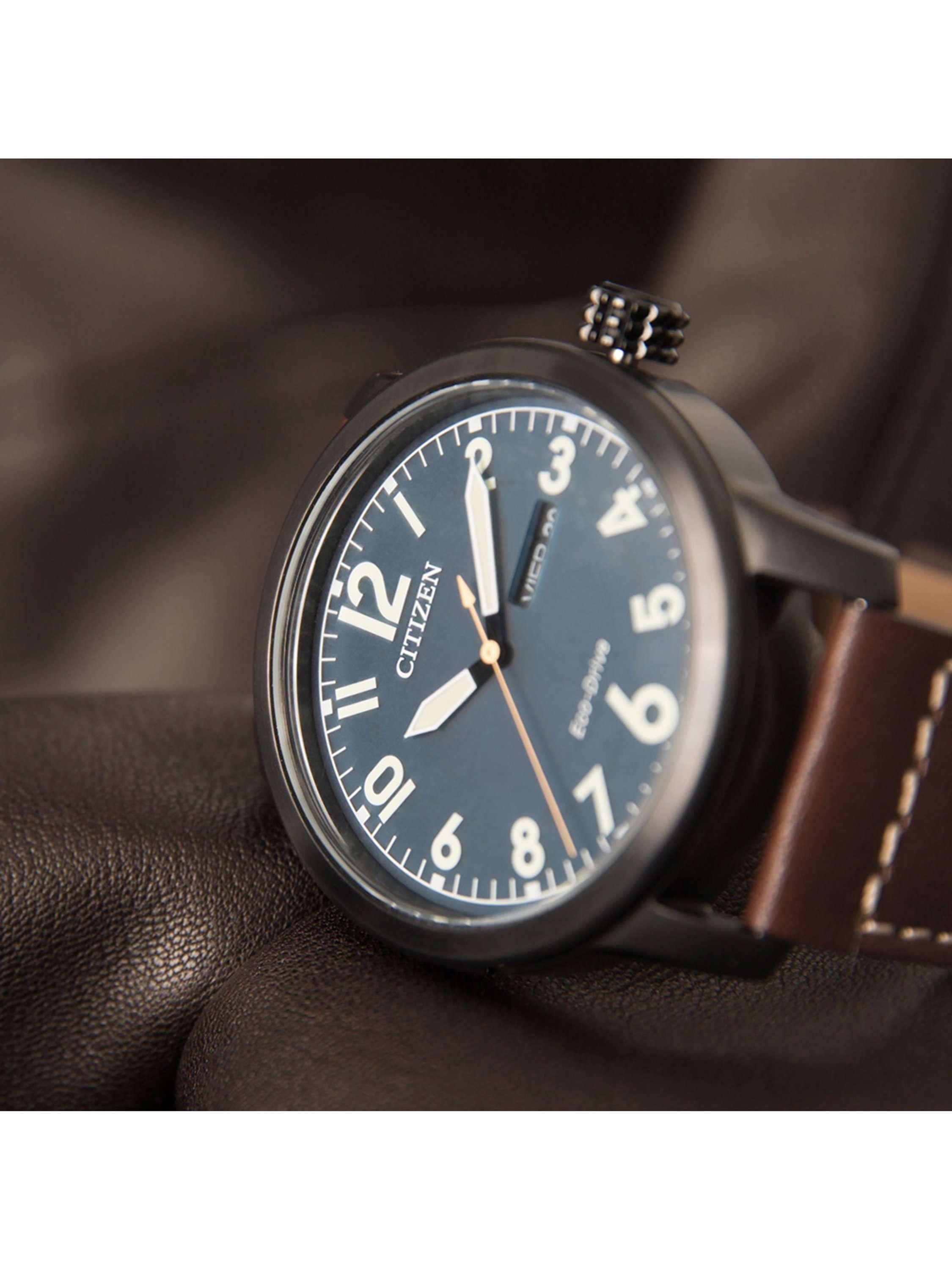 BM8478-01L Men's Day Date Leather Strap Watch, Brown/Blue