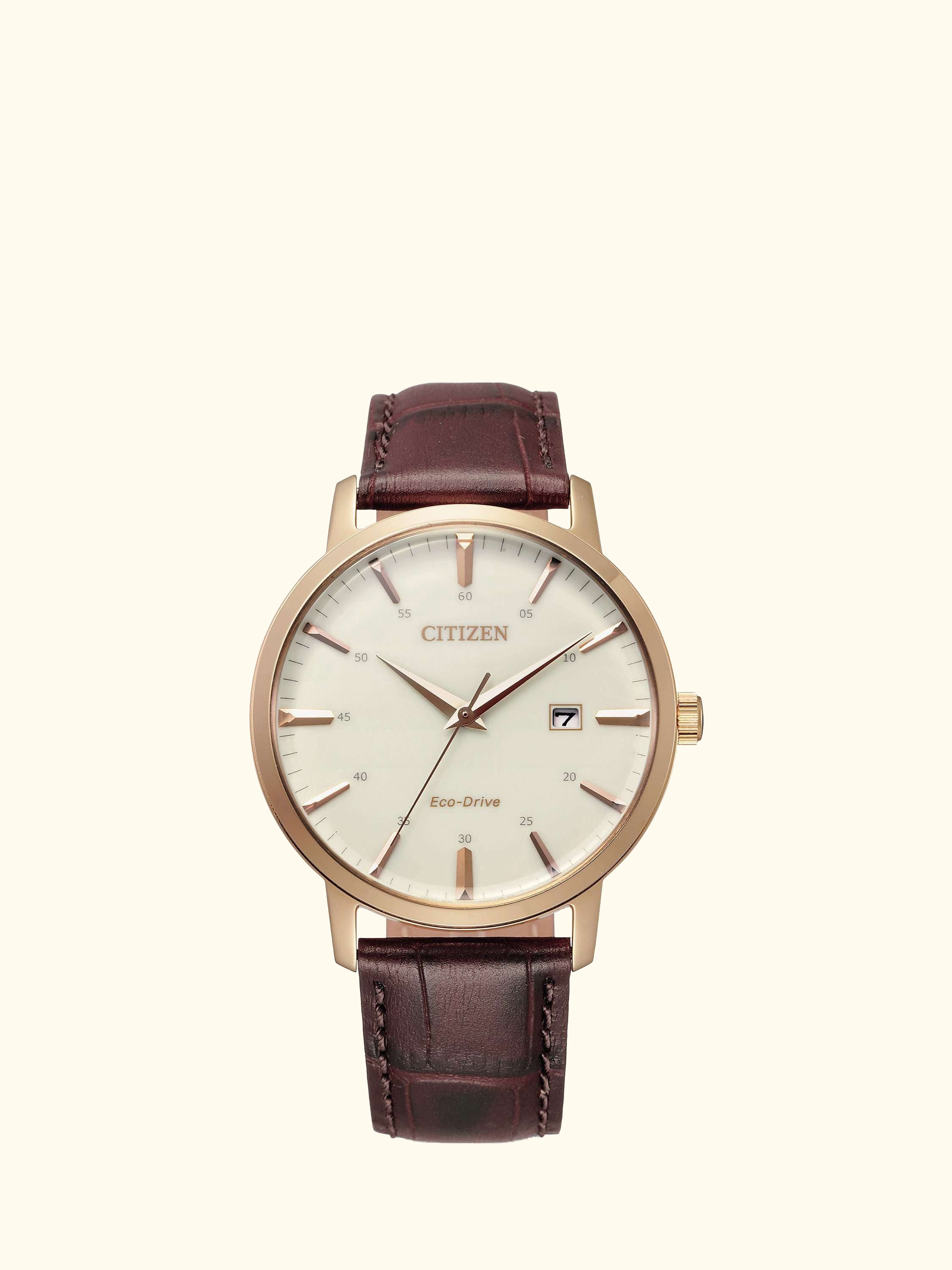 BM7463-12A Men's Eco-Drive Date Leather Strap Watch, Brown/White