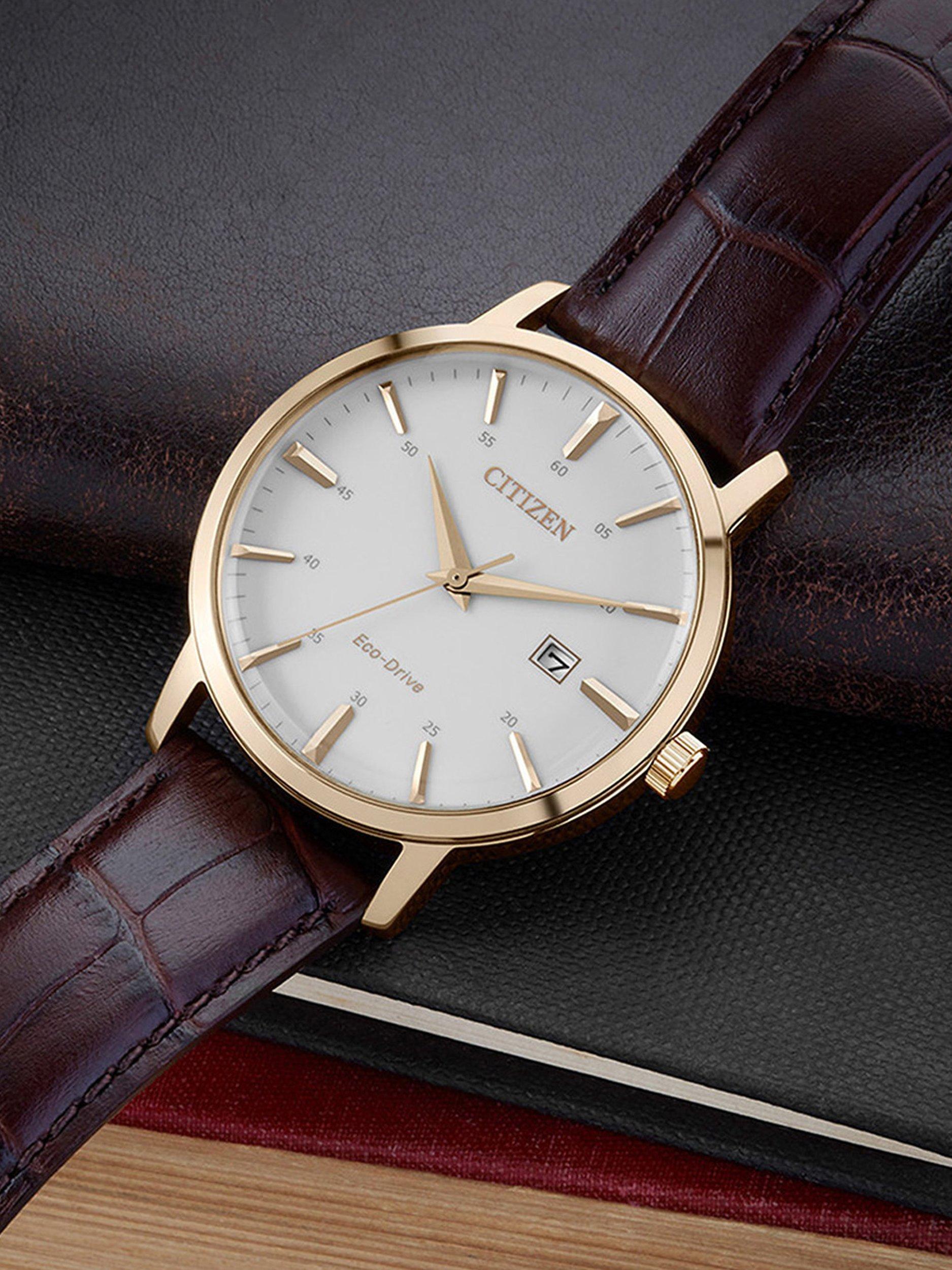 BM7463-12A Men's Eco-Drive Date Leather Strap Watch, Brown/White