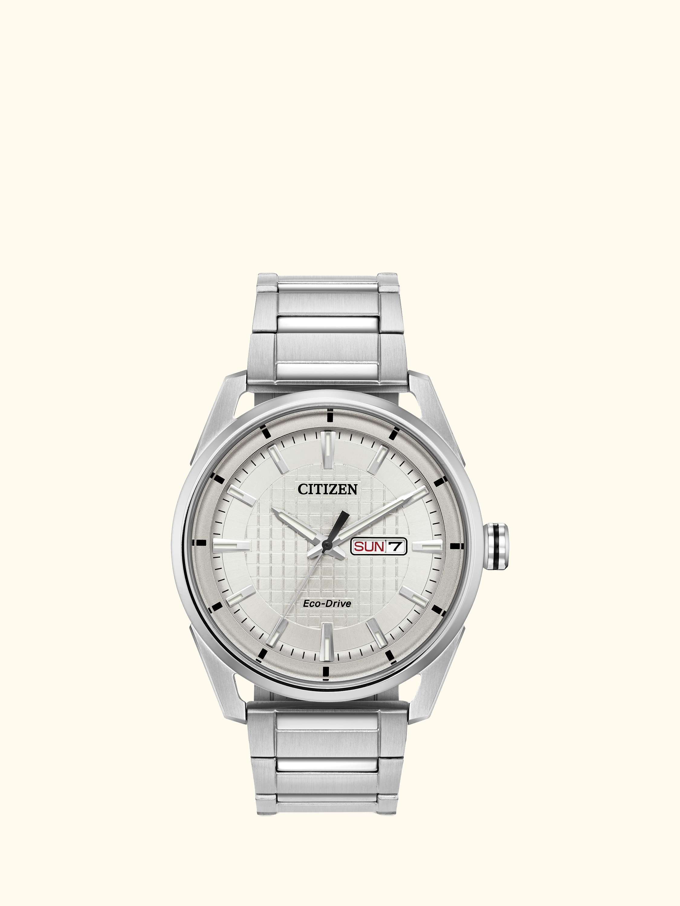 AW0080-57A Men's Eco-Drive Day Date Bracelet Strap Watch, Silver/White