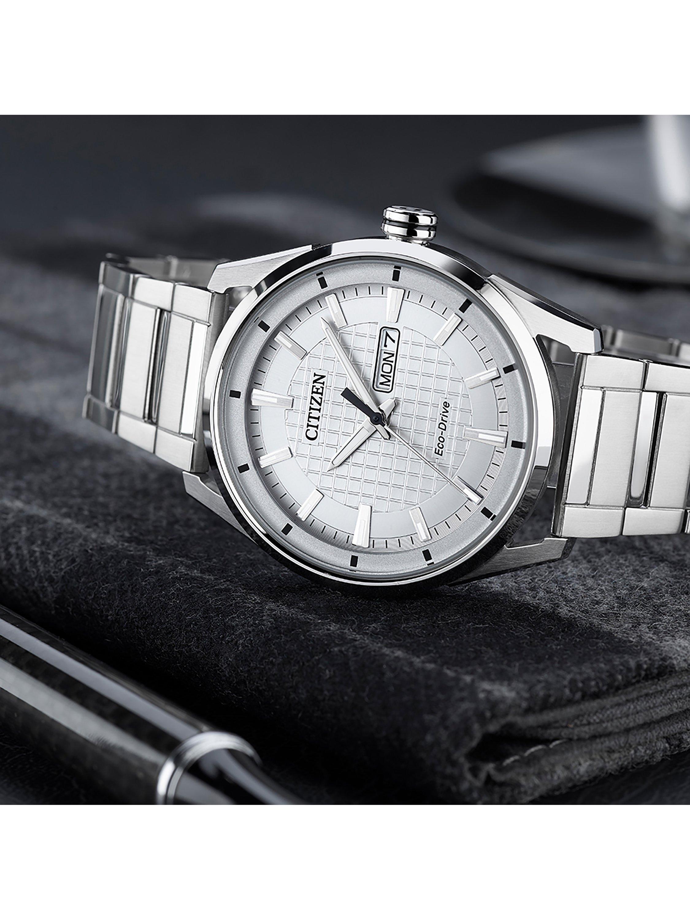 AW0080-57A Men's Eco-Drive Day Date Bracelet Strap Watch, Silver/White