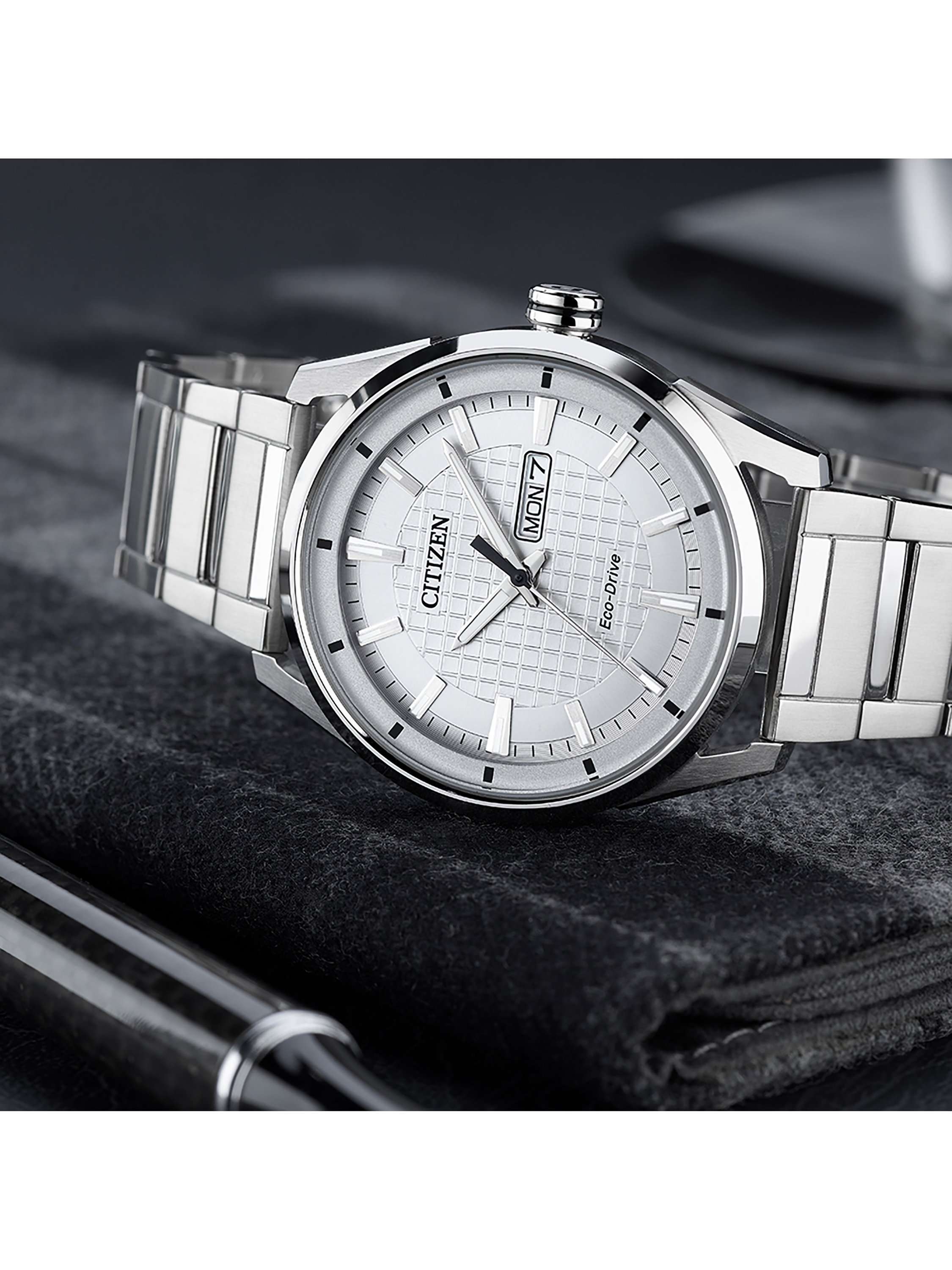 AW0080-57A Men's Eco-Drive Day Date Bracelet Strap Watch, Silver/White
