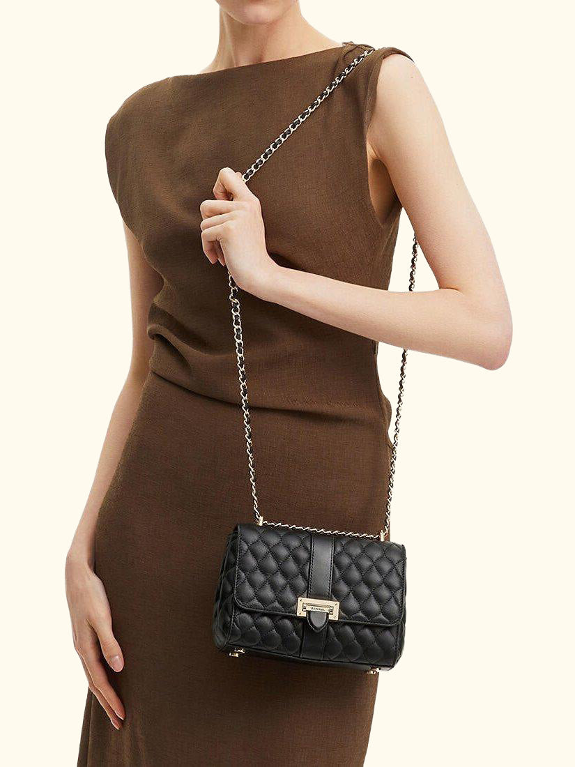 Lottie Small Quilted Pebble Leather Shoulder Bag, Black